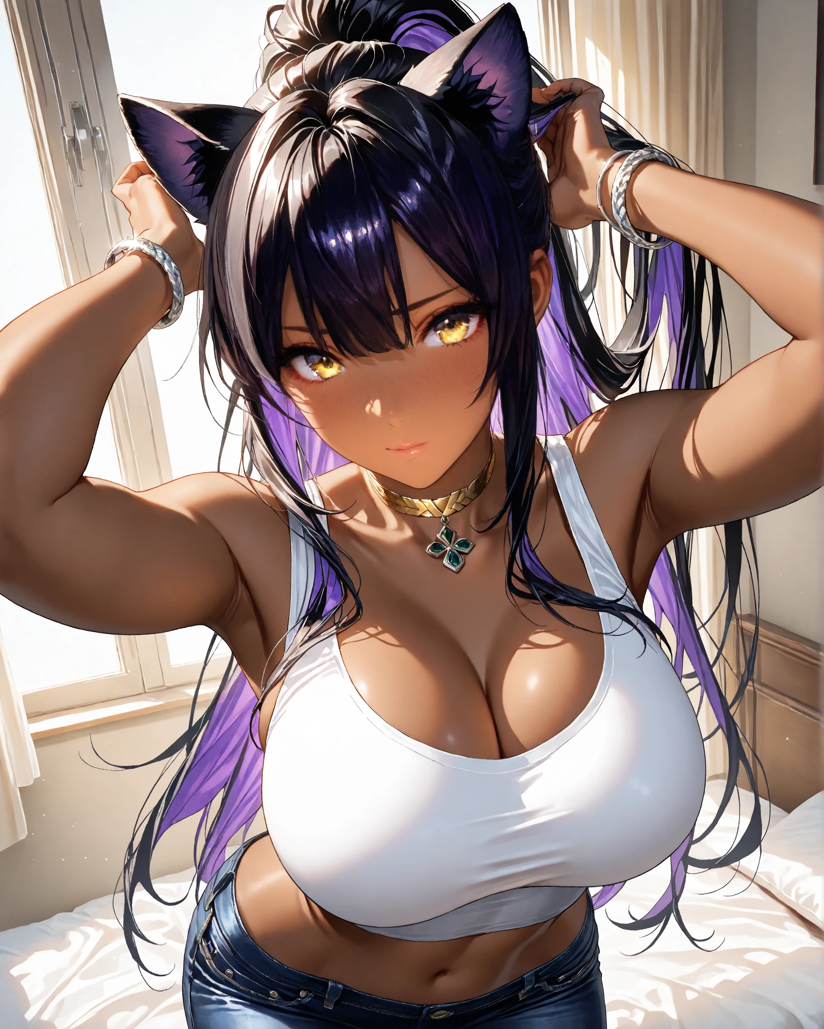 Realistic poster portrait of Masnya, (Purple skin color:1.1), Cat ear, alone, Jeremy Lipking, William Bouguereau, (Alphonse Mucha:0.5), By d-art , SFW Dark blue hair girl, Cat ears and tail, Wearing a tank top and racing pants.　Loli body type　　Twin tails　Female genitalia is visible　　Detailed depiction of female genitalia　Flat Chest　Stern expression　With legs apart