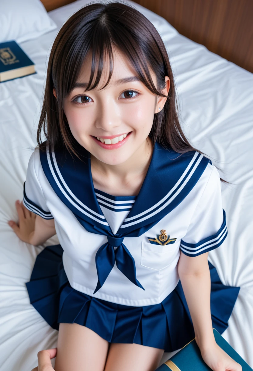 1girl, (solo), (selfie), smile, (17 years old), big breast:1.5, ((beautiful anime eyes with fine detail)), realistic skin, sailor suit, (Navy blue pleated miniskirt), beauty of slender female legs, thigh-high socks,