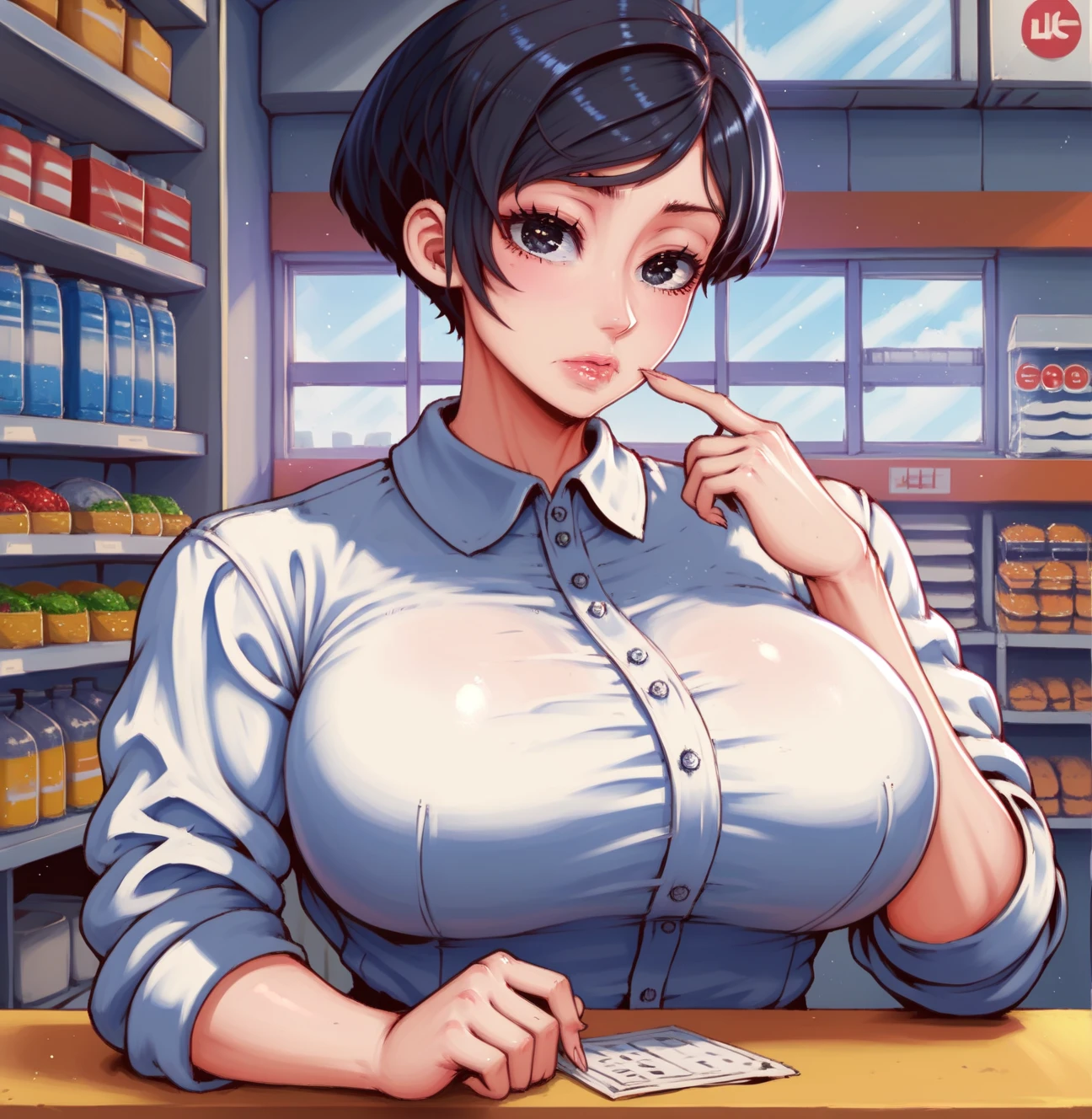 Hucow girl holding a big milk carton, masterpiece, candid photo, shy, short brown hair, big eyes, (detailed face), curvy, gigantic enormous breasts, two symmetrical horns, white (tight shirt), crop top, cute open (cow pattern) jacket, choker with bell, (in a colorful supermarket), mature female, thick thighs, earrings, high detail, ultra-detailed, retro, [big lipaster piece, best quality, face portrait