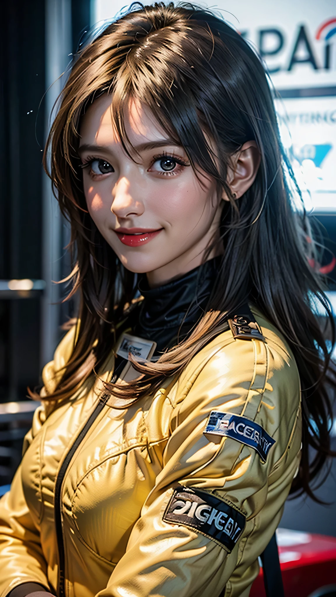 (masterpiece), ((yellow&black Racing girl costume)), whole body, Highest quality, Highest quality, detailed, 非常にdetailedな_eye, sexy,chest, Beautiful Hands, Beautiful feet,(eyeliner:0.5),(blush:0.5), Jet Black Hair、A light smile, Fingernails, masterpiece, Highest quality, detailedな肌の質感, detailedな布の質感, 複雑なdetailed, 超detailed, ((Super GT Event)), Random Pause, (Circuit Background), Bottom Angle, Front view, From below, (Highest quality, High resolution, Realistic, original, 8k,masterpiece, ),Highest quality, masterpiece8k. Wallpapers HDR. High Rib:1.2, Film Grain, Blurred Bokeh:1.2, Lens flare, (Bright colors:1.2), (delicate),((Grid girl costume made of shiny enamel material))、((Costumes with sponsor logos:1.3))、(((Heavily exposed skin:1.4)))、((Very short tanding in front of a supercar))、motor Show、((Costumes with sponsor logos:1.3))