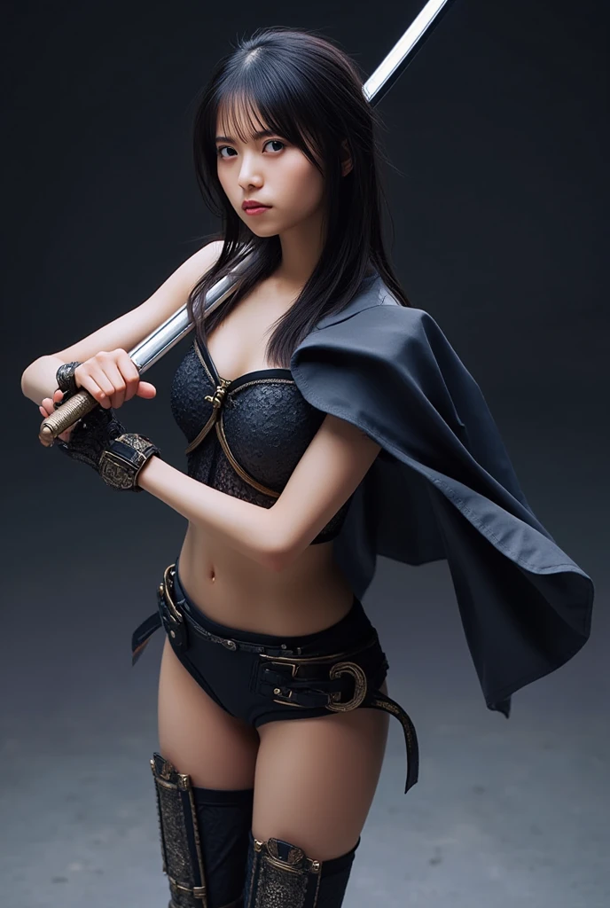 Photorealistic, High resolution, Soft light,1womanl, Solo, hips up high, (Detailed face),The tattoo, Jewelry, T-shirt with rough chest, Beautiful Soldier, beautiful commander,An eye that invites the viewer, Lover's perspective, inviting expression, Sexy smile, Perfect Style, Nice balance, Detailed skin, Naughty gaze, Chest visible, Photo Quality, photos realistic,Russian Korean,17 years old、a beauty girl,Small textACup Breast,Stand with weapons,Small,Small buttocks,Small waist width, super photos realistic,Thin leg,Live Action,The texture of the costume also has a Live Action feel.,realistic image of face,
