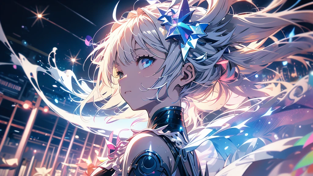 Attention to detail, Super Detail, Ultra-high resolution, Girl having fun in a dream galaxy, Surrounded by stars, The warm light that shines on her, The background features a starry sky with colorful galaxies and galactic clouds, The stars fly around her, Delicate face, dreamy.Are crying、White Hair、