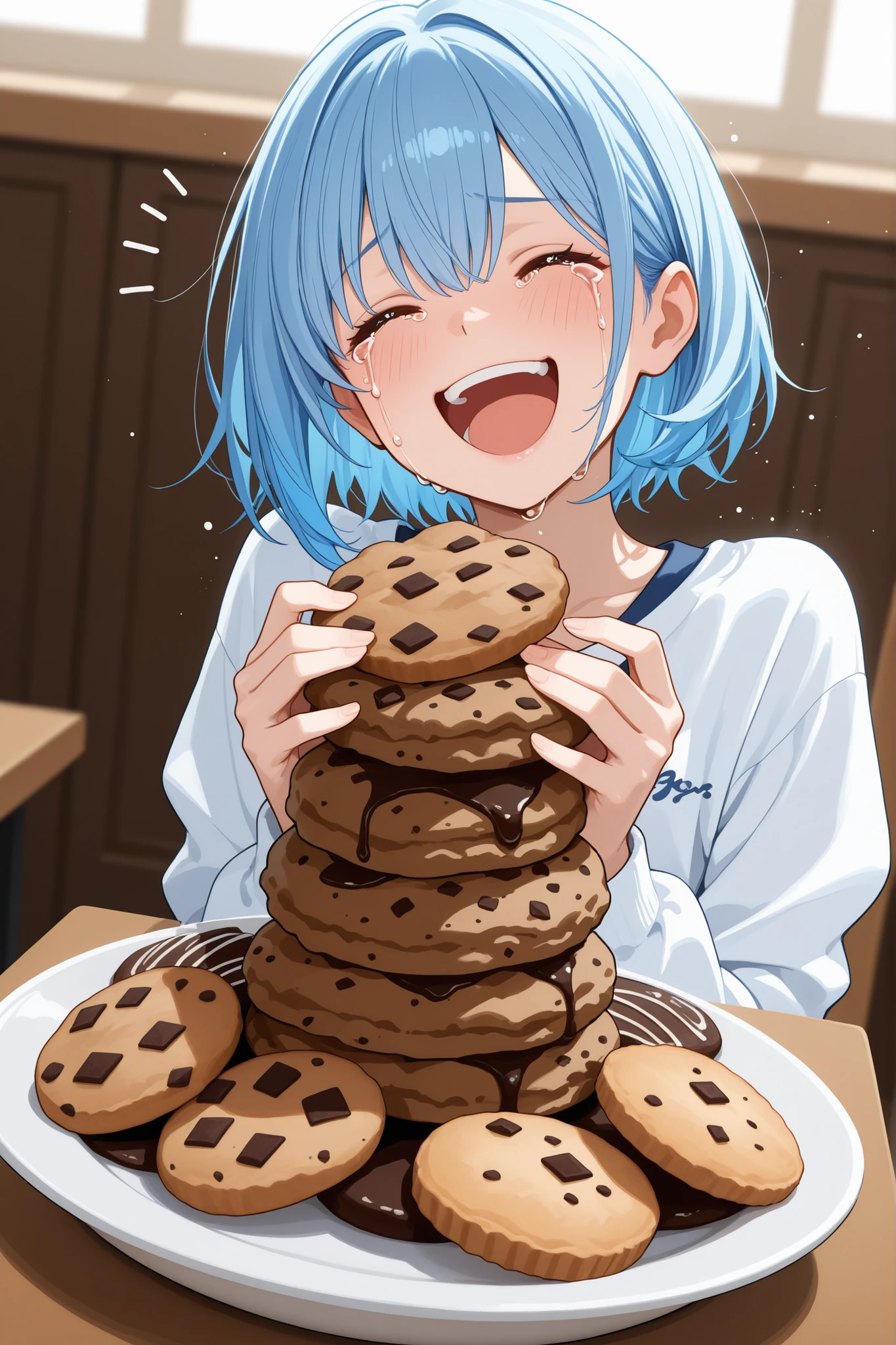 Laughing and crying, big chocolate chip cookie, blue hair, 