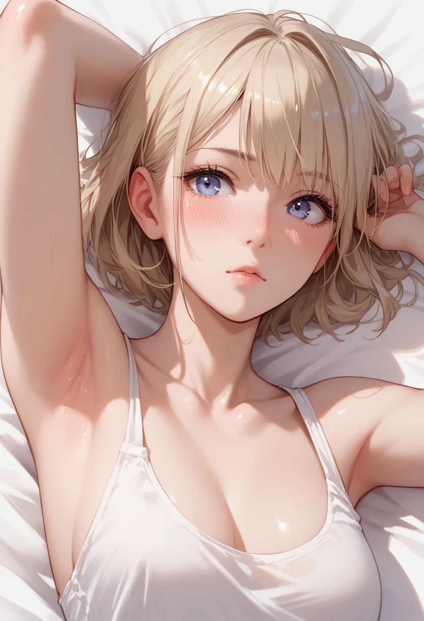 blonde, short hair, girl1, all fours in bed, upper body, completely nude, (small nipples:1.2), (small areolas:1.2),
kawaii, cute, pale purple eyes, (shy), (blush),light smile