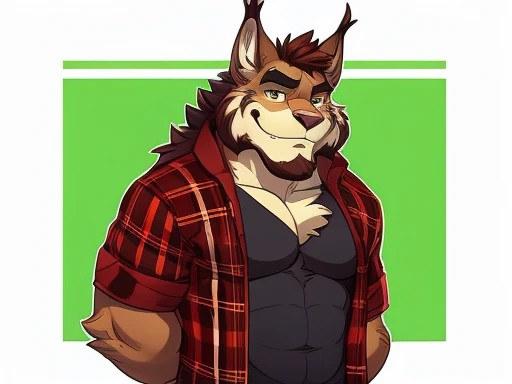 a sexy, caramel brown colored fur and hyper muscular, cute grizzly bear, green hair, green eyes, closed smile, bara body, daddy bear, himbo body, dressed a lumberjack jacket, high quality furry art.