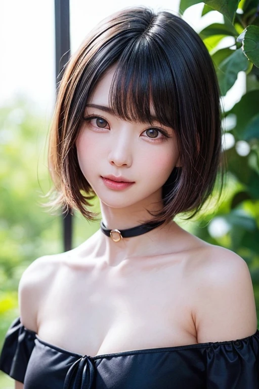 1 girl, bangs, black hair, red eyes, Black kimono fashion,bob cut,short hair, cleavage, clavicle, A kimono with a wide open collar, Japanese, Japanese style,forest,mature woman,shiny skin,rain,water droplets, 