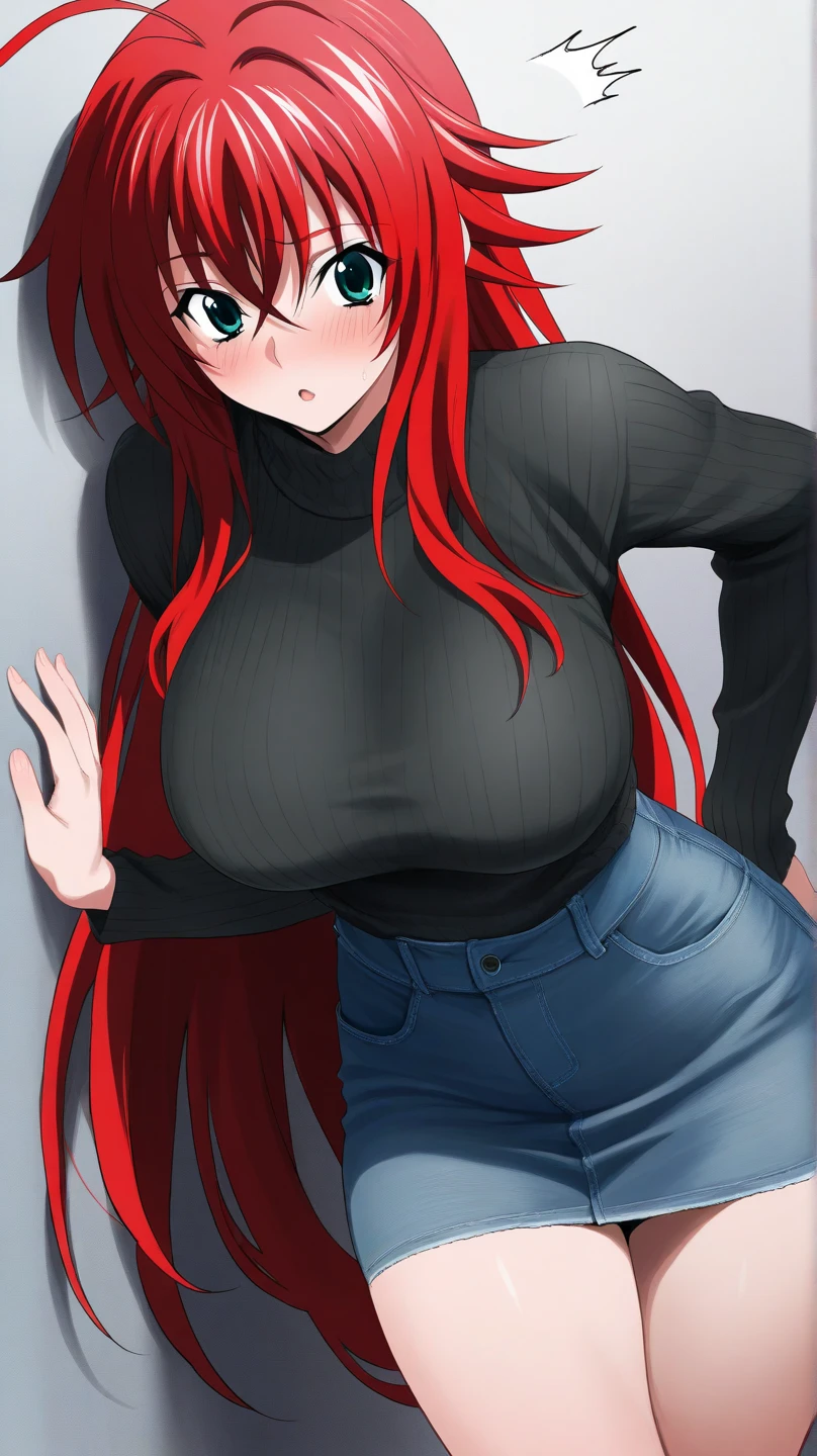 20 year old woman, busty, bubble butt, hourglass figure, skinny, blushing, embarassed, shocked expression, horny, seductive, long hair, red hair, ponytail hair, ribbed sweater, jeans, tight fitting clothing, fabric clothing, anime, bedroom, night, punk style, punk hair, ((open mouth)), ((drooling)), ((wet)), bare shoulders, elbow gloves, minimalist background, ecchi style, hentai, ecchi anime style, seductive