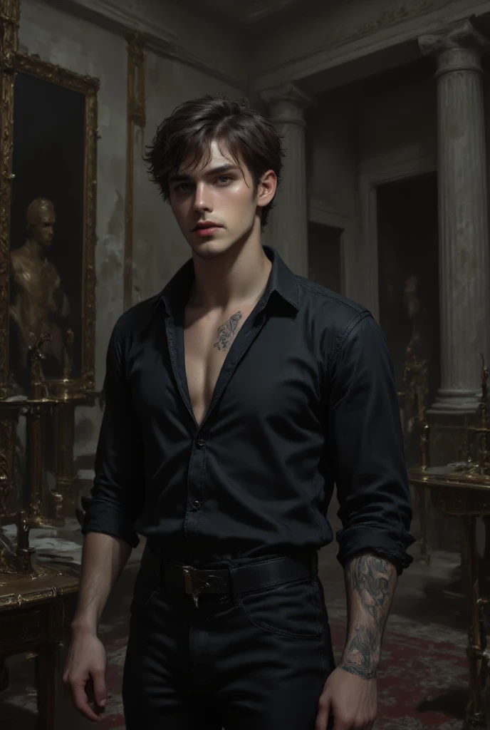 gothic aura, gothic architecture, mysterious atmosphere, candles, chandeliers, dark colors, attractive boy, handsome boy, white boy, pale skin, extremely pale skin, dark hair, green eyes, 2, dramatic light, symmetrical, anatomical perfection, beauty , he wears a black tunic, black toga