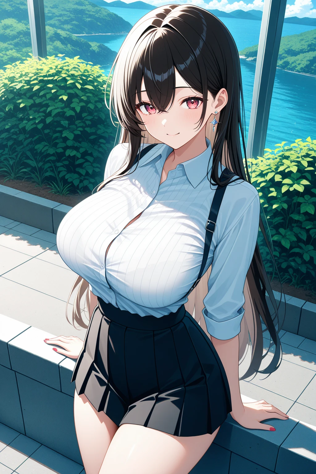 best quality, ultra-detailed, high resolution, extremely detailed CG, unity 8k wallpaper, super detailed skin, detailed, dynamic lighting, beautiful detailed eyes, tifa ff7, 1girl, solo, looking at viewer, blush, seductive smile, white tank top, black skirt, suspender skirt, midriff, black thighhighs, red gloves, bra, zettai ryouiki, bent over, head tilt, bar counter,