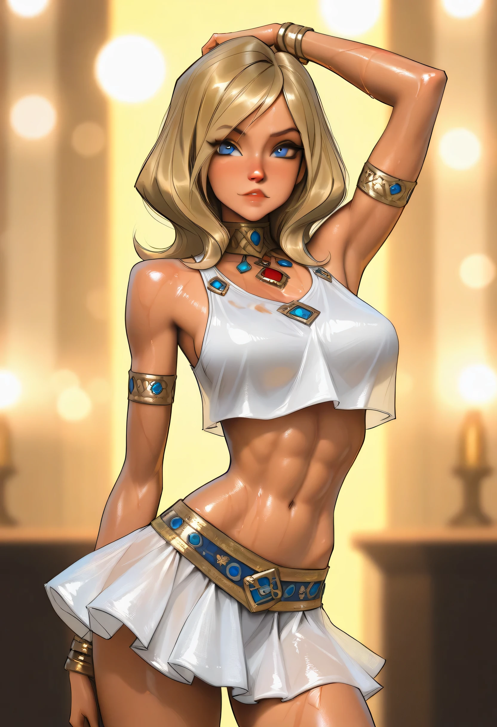 masterpiece, best quality, very aesthetic, movie quality, depth of field,soft saturation, focused subject, ,official style, shiny skin, secret mission, 1girl,, wavy blonde hair, blonde hair, long hair, ((blue eyes)), dark hair roots,, ( glossy-skinned female ,), slender body, hourglass figure, milly ashford, oily skin, realistic eyes, medium breasts, fashionable girl, fluids on skin, naked, (modern, instagram girl), rich girl, tank top and mini skirt, shirow masamune, sam yang, , ((dancer)),, re4r_ashley,