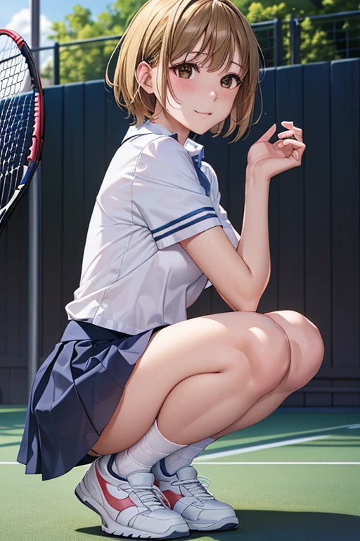 debris flieasterpiece、highest quality、Super detailed、High resolution、High resolution、8K portrait、Unity 8k壁紙のHigh resolutionCG、unity 8k wallpaper、cute type little:1.5、:1.5、Highly detailed CG unity 8k wallpaper、realistic、real person、cute type little、 portrait photography、shiny skin、High resolution、((10 years old:1.5))、(1 girl)、beautiful clear eyes、very detailed explanation、delicate face、nice lips、slender body、 thin waist、thin leg hair, brown bob hair、(Tennis court:1.6)、1 girl, cute type, perfect face, seriously, (blush:1.5),(small breasts:1.8),(tennis wear:1.2),((clothing lift:1.8)),(I have nipples)),Detailed description vagina,show vagina,spread legs,spread、((vaginal orgasm:1.5)