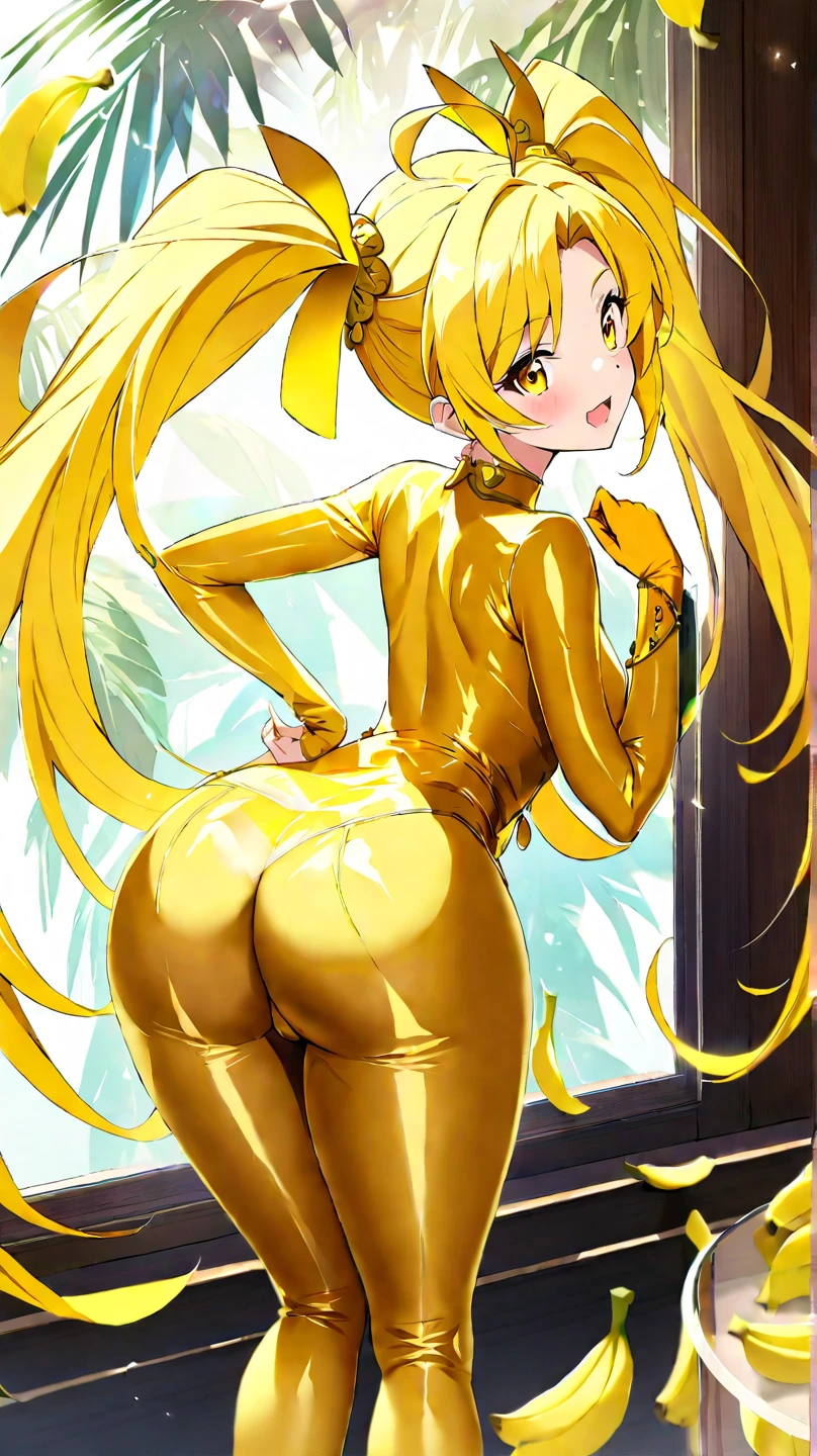 masterpiece, best quality, illustration, highres, absurdres, ultradetailed, amicia michella - nijisanji, 1girl, brown short hair, yellow inner hair, wavy hair, green eyes, highly detailed eyes, shiny, shiny skin, bright eyes, ((1 girl, solo, latex bodysuit, medium breasts, turtleneck, audience, crowd, ass, from behind, looking back, palace interior, daylight, sunny)),