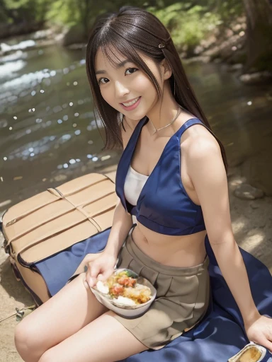 Japanese female, (underweight), (flat chest best quality:1.5), 30 years old, (cheerful grin:1.3),
river, happy, (eating lunch:1.3), sitting, semi long, (Dark_Beige halter top), (RoyalBlue skirt), (with a Lunch box), Japanese, with a river, calm atmosphere, nsfw, cowboy shot, (low angle shot:1.4), dappled sunlight