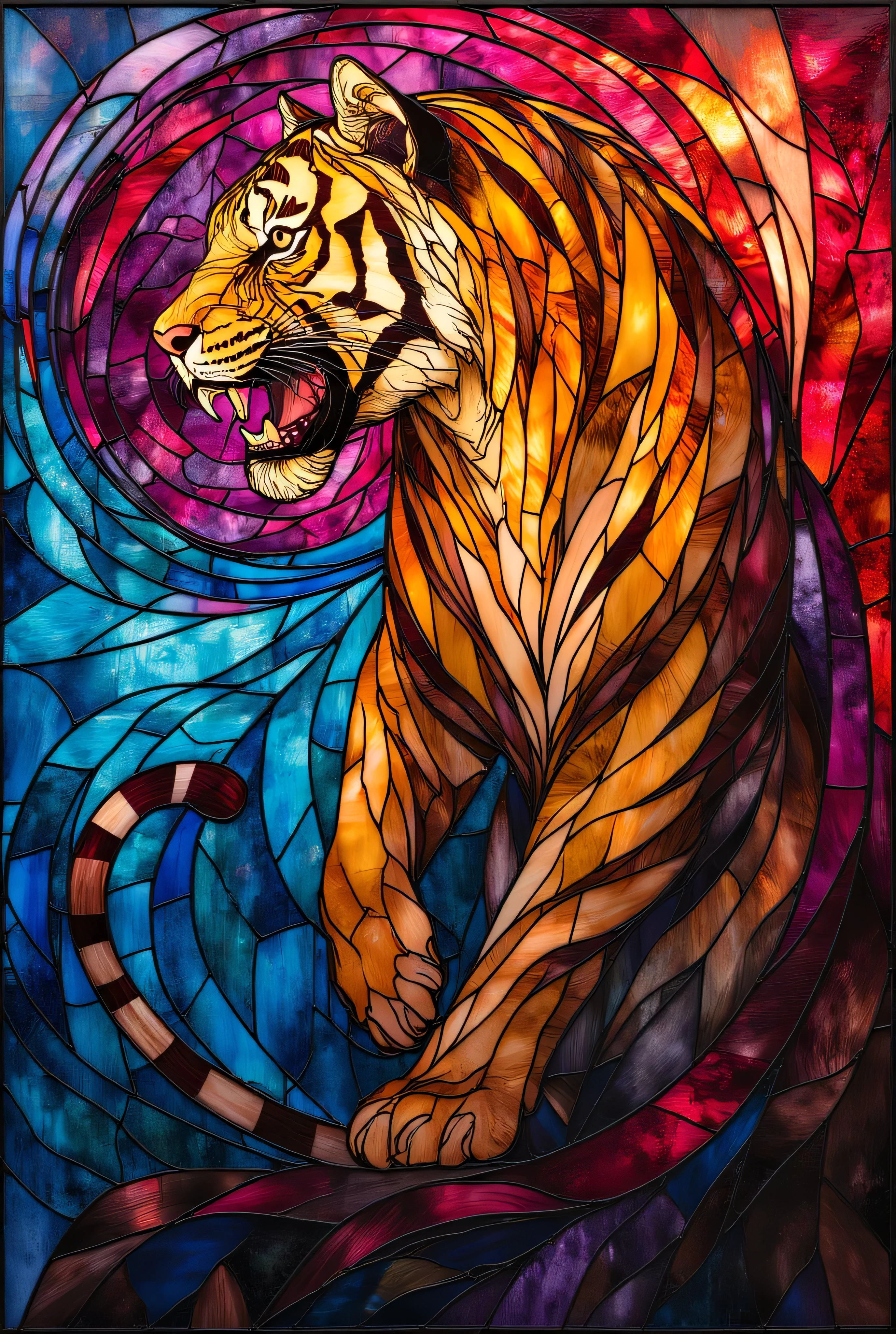 ArsMJStyle, Stained Glass,vivid red and blue with white lines,spiral,A yellow tiger is looking into the distance with its mouth wide open
