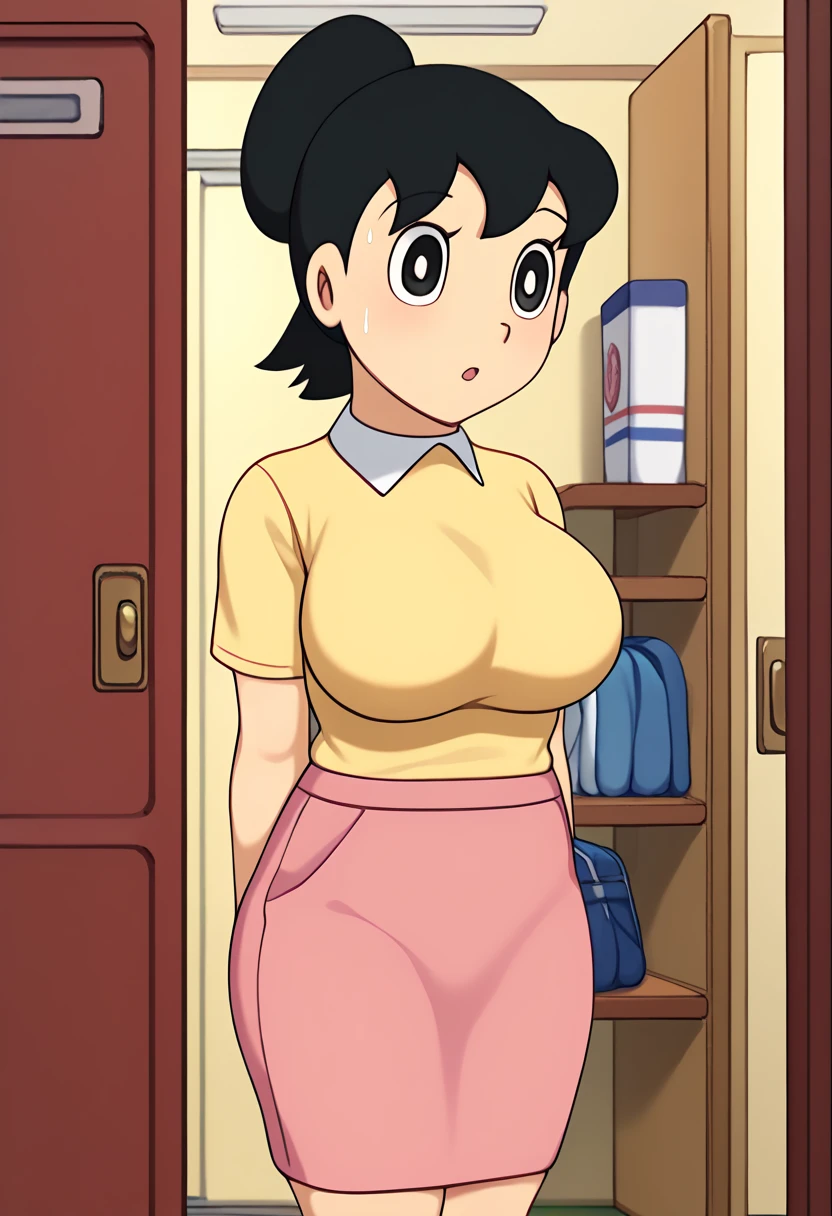 permanmama,female,short hair,retro artstyle,1980s (style),pink dress,apron,solo, thick thighs, hourglass figure, half naked, Looking at the viewer with seductive eyes, exposed breasts, brown black hair, hard nipples, exposed vagina, best quality, highres, bbyorf, large breasts, off shoulder, pink transparent sweater, sweater pink transparent dress, white apron, long sleeves, no panties, indoors, kitchen