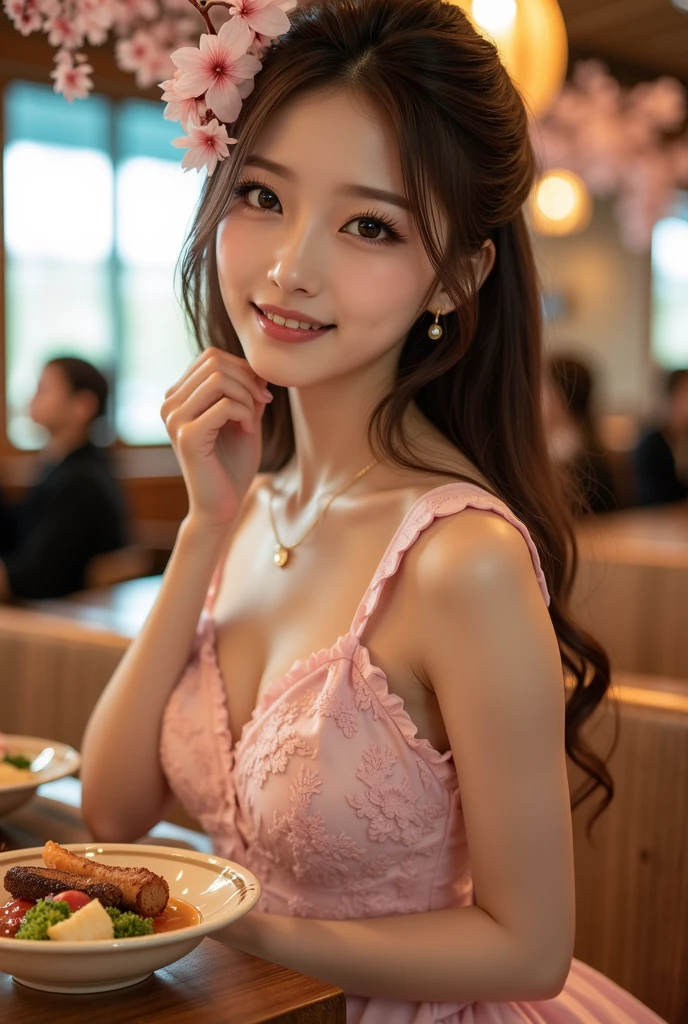 Inside the Starbucks store、24-year-old office lady in a miniskirt suit、Eat cake、Drink coffee、smile、Heart Necklace、Gold bracelet
((Emphasize cleavage))
(((A pink and yellow floral bra is visible.)))
((((Dark eye makeup))))