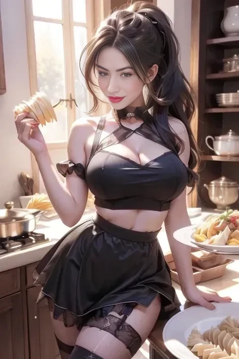 (dynamic angle:1.3, front view:1.1, breast focus:1.3, from above:1.1), (dynamic posing:1.2, sexy posing:1.2), (seductive smiling:1.3), ((looking at cake,Taking a cake out of the golden oven, worried about the outcome:1.2)),highest quality、(real、photorealistic:1.4),(ultra high resolution, 8K RAW photo, clear focus), best qualtiy, natural lighting, field depth, (Bright pupils, detailed beautiful eyes, high detailed face), Red lip, (tight focus:1.2), a girl 22yo old, Wearing a pastry chef uniform:1.3 , Thicc, thin breast, long hair, blue eyes,garter stocking, cleavage:1.2, midriff, black shorts, black thighhighs, thigh strap, pretty girl, (highly detailed beautiful face and eyes,firm breasts),real skin,((black,hair,long pony tail hair)),thin pubic hair,cute,lovely, detailed eyes,(double breasted:1.0,under bust:1.0),(with sparkling eyes and a contagious smile),open mouth, Looking at Viewer,A scene of cooking in the kitchen,looking at the golden oven
