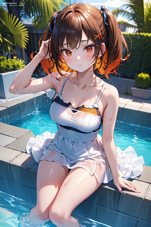 highest quality, High resolution, The exact number of fingers, Exact number of legs, Exact number of arms, Kneeling, Glowing Skin, Cavalier dog ears, Sparkling eyes, yellow skirt, Pull up your skirt with both hands, Grab the skirt with both hands, White panties, White bra, Topless, Moderate abs, bangs, brown hair, White bone-shaped hairpin, blush, sharp focus, moody lighting, meadow