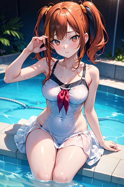 Reimu Hakurei, (Brown eyes:1.5), Brown Hair, bow, hair bow, Hair Tube, Long Hair, red bow, Side Lock, (((Slender body)))、(Navy school swimsuit)、Pool、View your viewers,blush、
Cowboy Shot,Smile Break (masterpiece:1.2), Highest quality, High resolution, unity 8k wallpaper, (figure:0.8), (Beautiful attention to detail), Highly detailed face, Perfect lighting, Highly detailed CG, (Perfect hands, Perfect Anatomy)