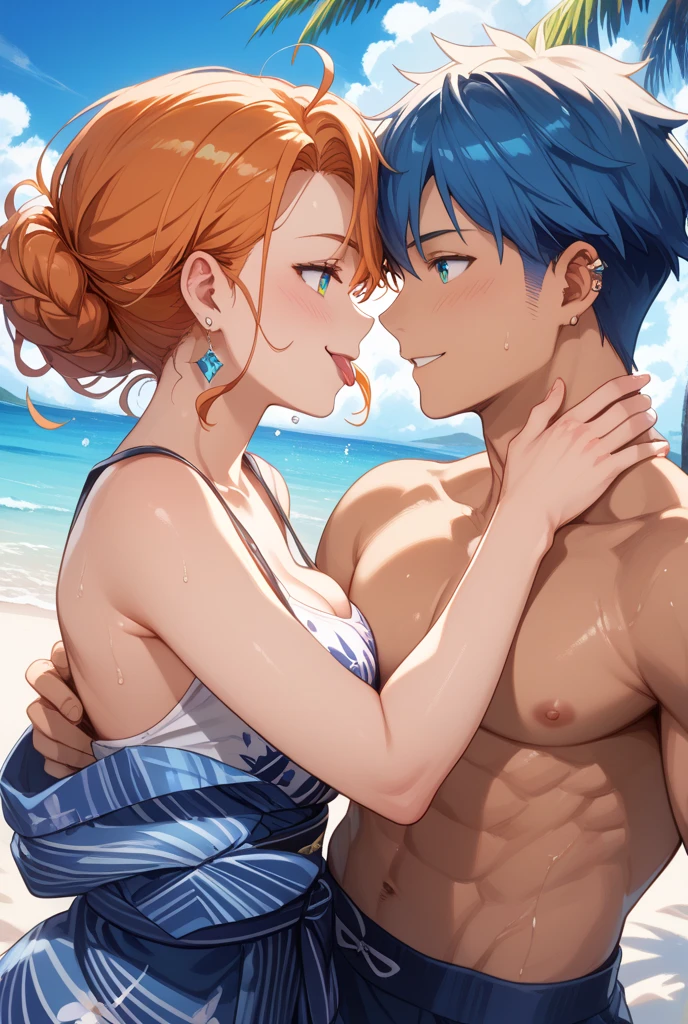 (masterpiece, best quality,hdr), intricate details, highly detailed face, couple, 1girl,girl large breast,girl in bikini,girl in swimsuit bikini,girl with grey eyes, Girl is Power from chainsawman, power red head, 1boy, Boy is Arthur Leywin from TBATE. shirtless, man red head, man long hair, man with naked torso and swimsuit, both red heads, male with blue eyes, male with shorts, seaside, cinematic light, couple hug, couple model pose