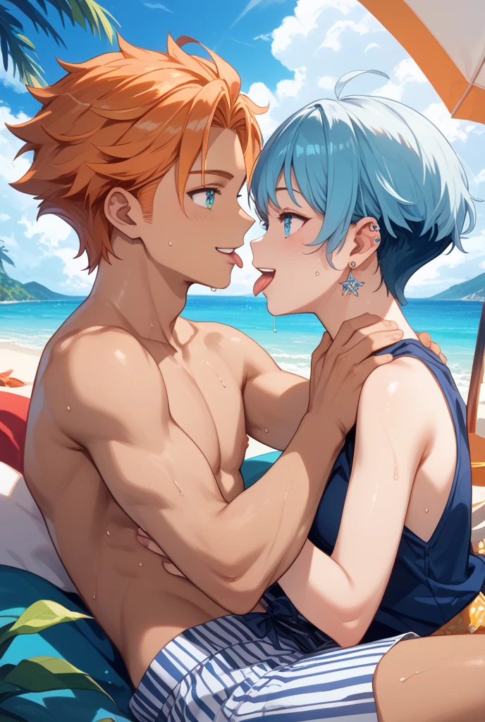 anime couple hugging on the beach with ocean in background, artgerm and genzoman, at the beach, high quality fanart, muscular!!, nick silva and ilya kuvshinov, by Kentaro Miura, in the beach, commission for high res, frank franzzeta and sakimichan, hd artwork, by Eizan Kikukawa. Naruto Uzumaki, Yuki Nonoka (Blue hair, yellow hair, short hair, ahoge), underwear, naked, NSFW, (((masterpiece, best quality, Photo realistic))), (shiny skin), (UHD, 8K wallpaper, High resolution), Perfect anatomy, Cinematic lighting, physically-based rendering, award-winning, extremely detailed skin, extra detailed face, eyes with beautiful details, Carl Zeiss 85 mm F/1.4, (1 man and 1 girl, couple:1.5), {Women in close contact with men} ((only 1female 1male)), height difference (tall man, average height woman), (shirtless man, athletic build), (hourglass figure, big butt, medium breast), anime girl with blue hair, anime moe artstyle, kantai collection style, 2 d anime style, anime girl with teal hair, ayanami, short blue haired woman, official character art, gapmoe, rogue anime girl ayanami rei, digital art from danganronpaa, shirtless body and no shirt, muscular!!, from naruto, naruto uzumaki, naruto artstyle, male anime character, muscular!, muscular!!!, anime man, anime style character, most strongest pose, super sayan, muscular character, best anime character design, tall anime guy with blue eyes,