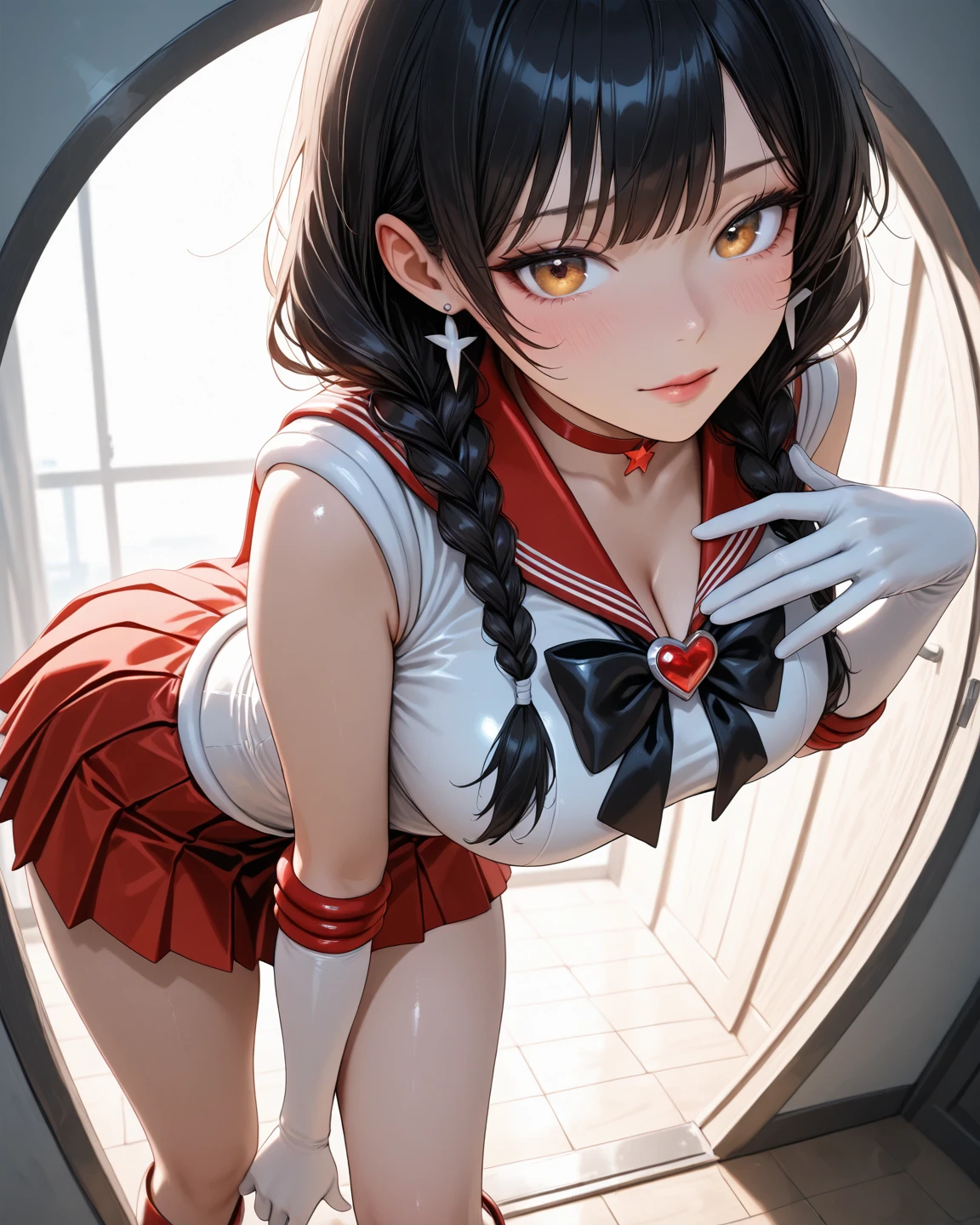fire、sailor_mars、hino_rei、1boy、shoun、Beautiful Boys、Handsome、Junior high school boys、sailor_senshi_uniform、traditional_media、genderswap、genderswap_(ftm)、solo、choker、red_choker、long_hair、rating:safe、red_sailor_collar、red_skirt、gloves、flame、one_eye_closed、blue_breast_ribbon、leotard、white_leotard、highleg_leotard、white_dress、bare_shoulders、bare_legs、skirt、earrings、elbow_gloves、jewelry、white_gloves、circlet、sitting、marker_(medium)、bow、smile、red_bow、blue_eyes、black_hair、burning、pleated_skirt、magical_warriors、closed_mouth、shiny、shiny_hair、back_bow、ass、narrow hip、looking_at_viewer、legs、bangs、pastel_(medium)、purple_eyes、purple_bow、flat_chest、flat_breasts、