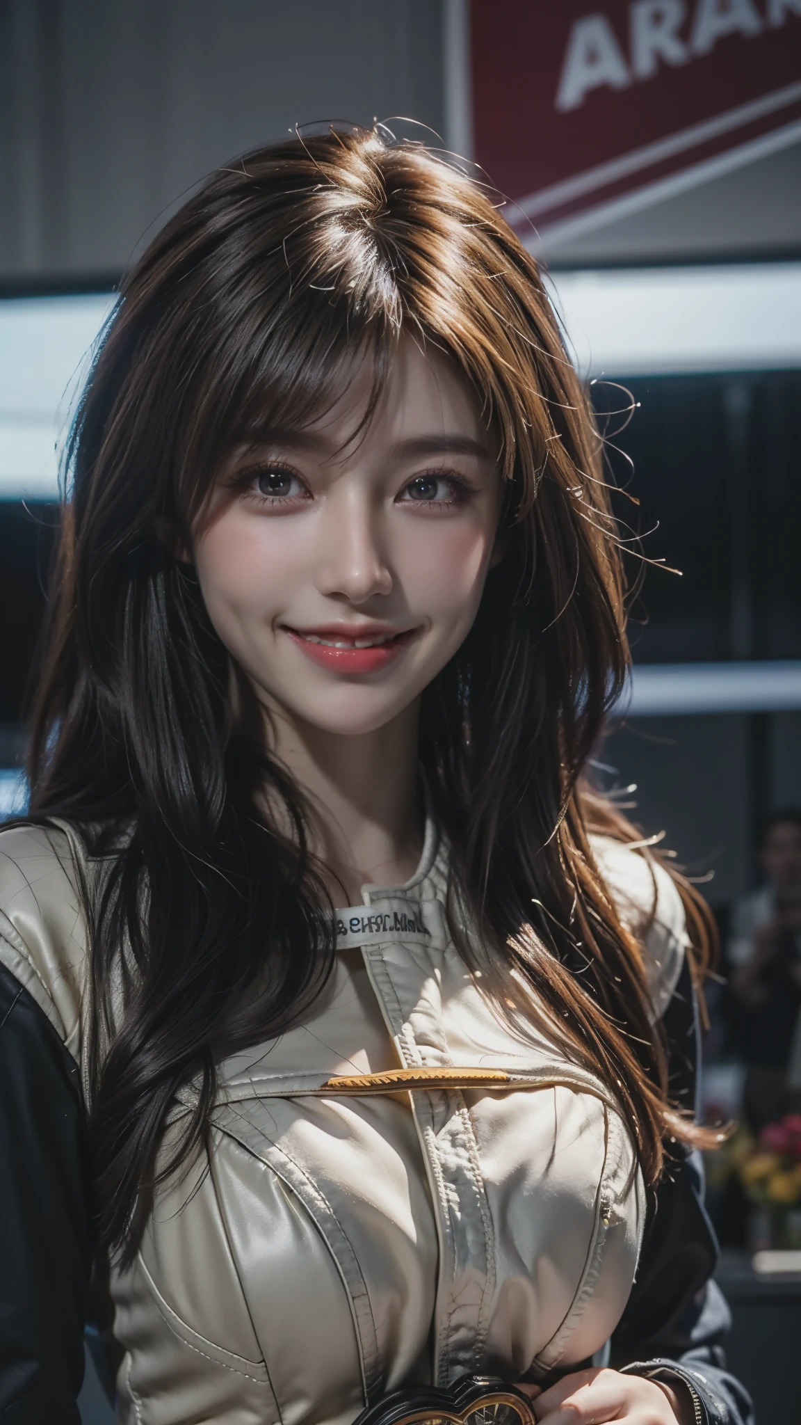 (absurd quality,high-res,masterpiece, realism,photorealistic, extremely detailed), (best quality details in realistic texture: skin, hair), (high-res Realistic eyes, clear sharp, not blurry, ultra quality details), (([eyes|eyeshadows]:[brown|pink])), ((portrait)), a cute 1woman:1.4 24yo, ((anatomically correct)), ((perfect proportions)), ultra quality soft lighting, sharp focus captured by Fujifilm XT3, f 5.6, ((perfect composition)), pale skin, (dry skin), (skinny body build:1.4), cleavage, (perfect hot model body:1.4), (dressed in a slave's bra with chains, breasts covered by sexy [chainmai]:1.25), ((Intricately detailed, sophisticated and extravagant unbuttoned leather motorcycle jacket:1.33)), (firm and full breasts), beautiful cheekbones, Double eyelids, ((satisfaction smile, gorgeous appearance, electrifying appearance)), ((Upper body shot)), (((close up of her face:1.35))), ((Dynamic pose:1.2)), ((on the racetrack:1.3)), 