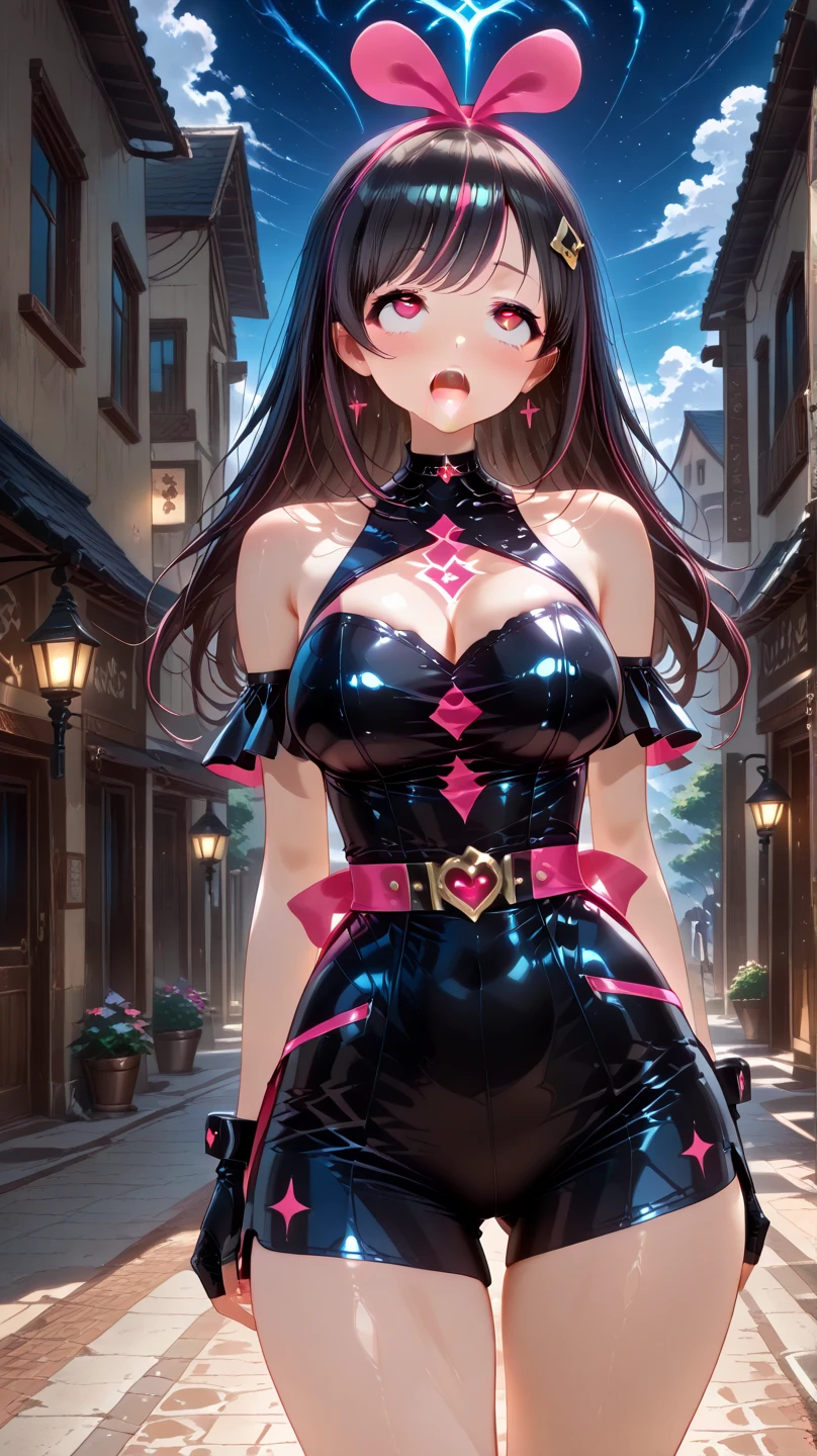 Black clothes,Black Hair,Short Mini Dress,Hair covering eyes,(Large Breasts),Bikini,Shy,Exceed,Thick Legs,Shooting from above,Fascinating three-dimensional,Fascinating three-dimensional,Stand in front of the hotel,Black clothes,Black Hair