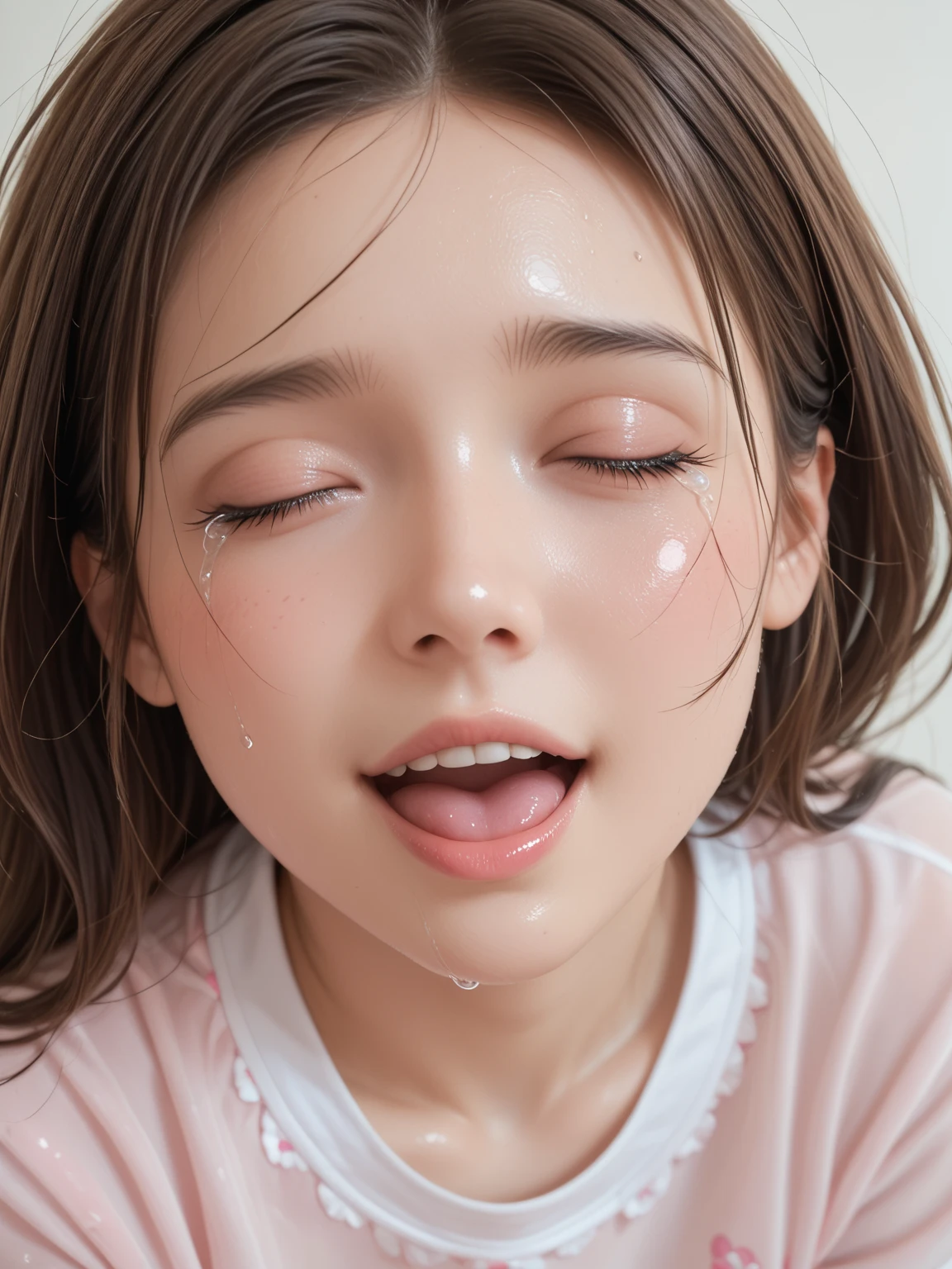 highest quality, Detailed workmanship、high resolution、(8K, High resolution:1.2)、raw photo, photorealistic、slender body shape、high definition face、Face is in focus、high definition eyes、(Focused, symmetrical pupils:1.2)、High-definition and beautiful skin、firm skin、natural makeup、gross lip, High-definition hair texture、masterpiece、japanese woman、high school girl、17 years old、very cute, very short hair break (high school uniform:1.3) break classroom、(very embarrassed:1.3), (blush:1.3), (Sad face:1.3)、(Watery eye:1.2)、Looking up at the camera、(mouth open:1.1)、(cum on face:1.7)、(I put my hand over my mouth:1.2)、(various shooting angles:1.3)、medium breast, nsfw