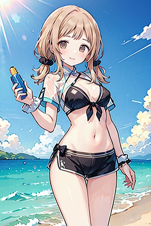 masterpiece、highest quality、High resolution、Very detailed、Close-up、Medium wide shot、Girl、Big Breasts、Bikini Swimwear、High leg、sexy、Sandy Beach、Ocean、playing、Laughing happily on the beach、Frolic with the waves、Close one eye、Winking、Wave Splash、Splashing water on the audience、