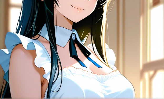 masterpiece, highest quality, Awareness-raising, One Girl、Kyoko＿Otonashi、indoor、Sax Blue, Platinum Earrings, Platinum Necklace, Maid clothes, Gothic Lolita Clothing、Arms back、1 girl, cute, (Dynamic Lighting:1.15), Cinema Lighting, Delicate features, Detailed eyes, Sharp pupils, Written boundary depth, Bokeh, Sharp focus, (Very detailed, bloom, Shine:1.5), Lots of little gems,Otonashi ,Cowboy Shot、Nipples are visible