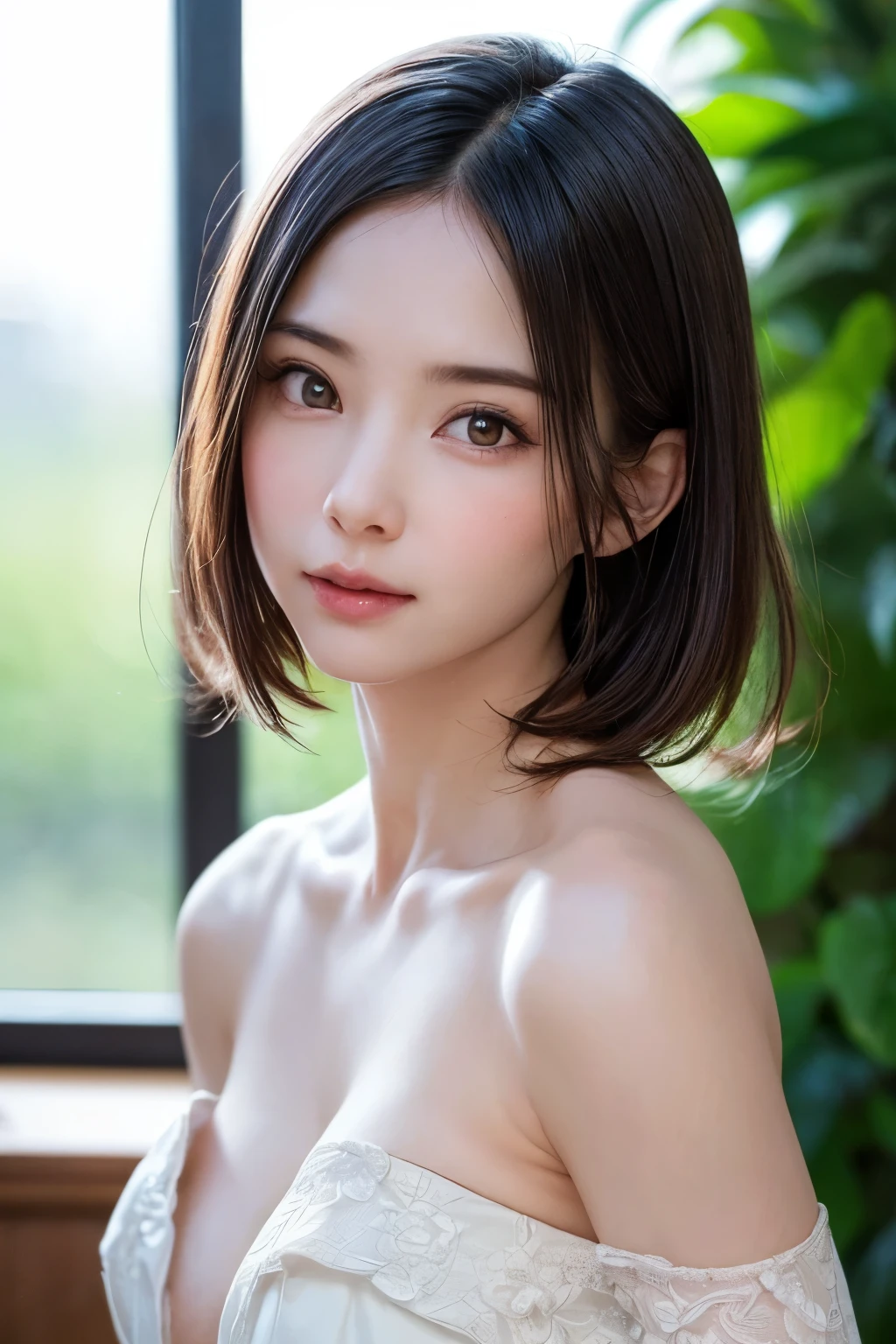 japanese women、welcome、perfect figure、short hair、Delicate skin texture and cloth texture、delicate eye texture、long eyelashes、double eyelid、(Chest close-up:1.4)、hotel bed、8K、highest quality、master masterpiece、超A high resolution:1.2、Photos of beautiful women with a girly and elegant style theme、Arad woman taking a photo、 tight waist、((((completely naked,All nude))))((((show your legs)))