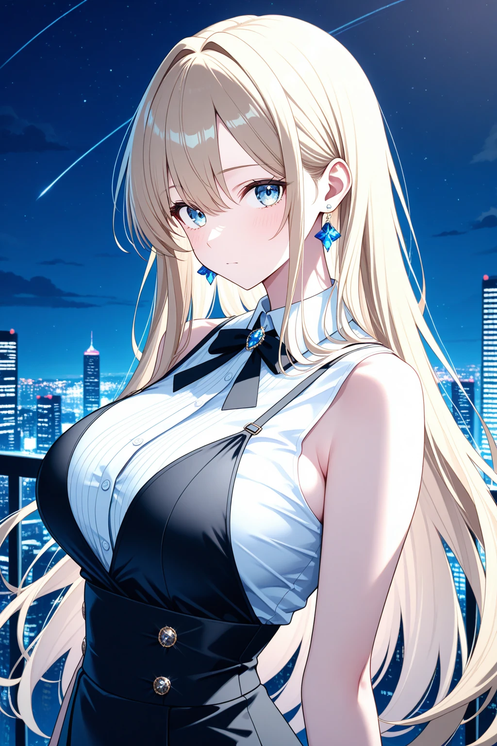 (masterpiece, best quality:1.2), intricate details, 1girl,sky striker ace raye,cityscape ,blue eyes,Blond hair, black headdress.Dark brown tie,standing on the roof of a building,raining,stars,night,cleavage,narrow bust,frontal view,(mature female:1.2),huge breasts