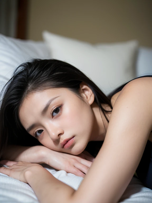 ((highest quality, masterpiece :1.3)), Photorealistic、Ultra-high resolution、Natural skin texture、Hyperrealism、Near Movies、Beautiful Japanese girl in her early teens、One girl、Small breasts、Sky blue crop top、Lying in bed、Frightened expression、Tears flowing