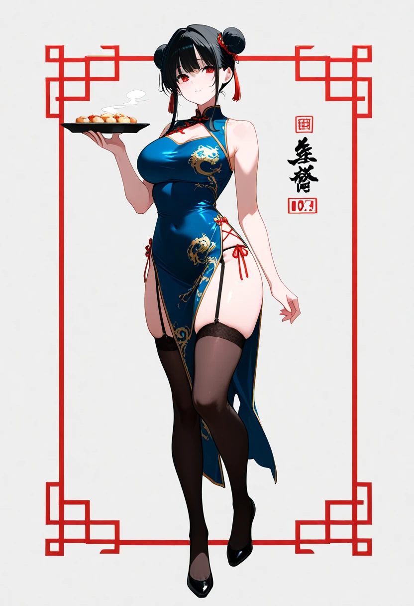 (4k),1 woman,solo,(cute:1.3),mature female,huge footers,softy saggy breasts,(1 woman is working in the chinese restaurant),((chinese dress,high heels)),dark brown hair,bangs,(smile,blush:1.3,sweat:0.4),(puffy eyes),(masterpiece:1.2,best quality:1.2),delicate illustration,ultra-detailed,chinese restaurant, detailed background,(full body,distant view),looking at viewer,ikuta,girl,more_details:0.5,