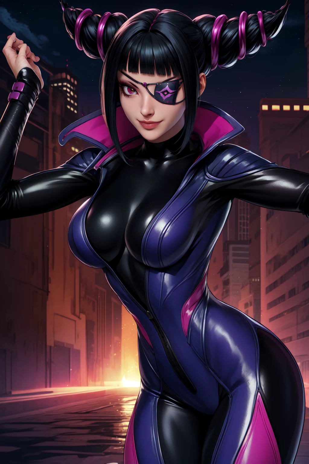 Juri , black hair,two-tone hair, hair horns, purple eyes, eyepatch,
bodysuit, clothing cutout,
standing, upper body, evil smile,
night club,
(insanely detailed, beautiful detailed face,beautiful detailed eyes, masterpiece, best quality) , solo, dinamic poses, shinning eyes