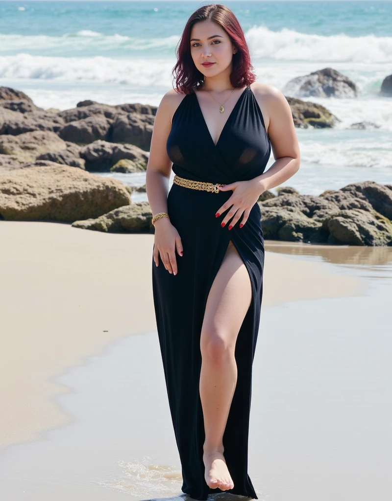 a close up of a woman in a purple dress on a beach, tight dress, thicc, distant full body view, big booty, highly realistic.skinny waist and thick hips, waist - shot, sexy dress, curvy hourglass figure, at a beach, hourglass figure, best quality, full body.