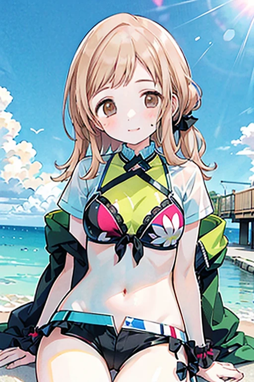 Konoha yorihime, masterpiece, best quality, solo, 1girl, day, outdoor pool, trees, blush, cameltoe, moss green hair, wine red eyes, ((white school swimsuit)), wet, (cowboy shot), smile, open mouth, transparent, nsfw
