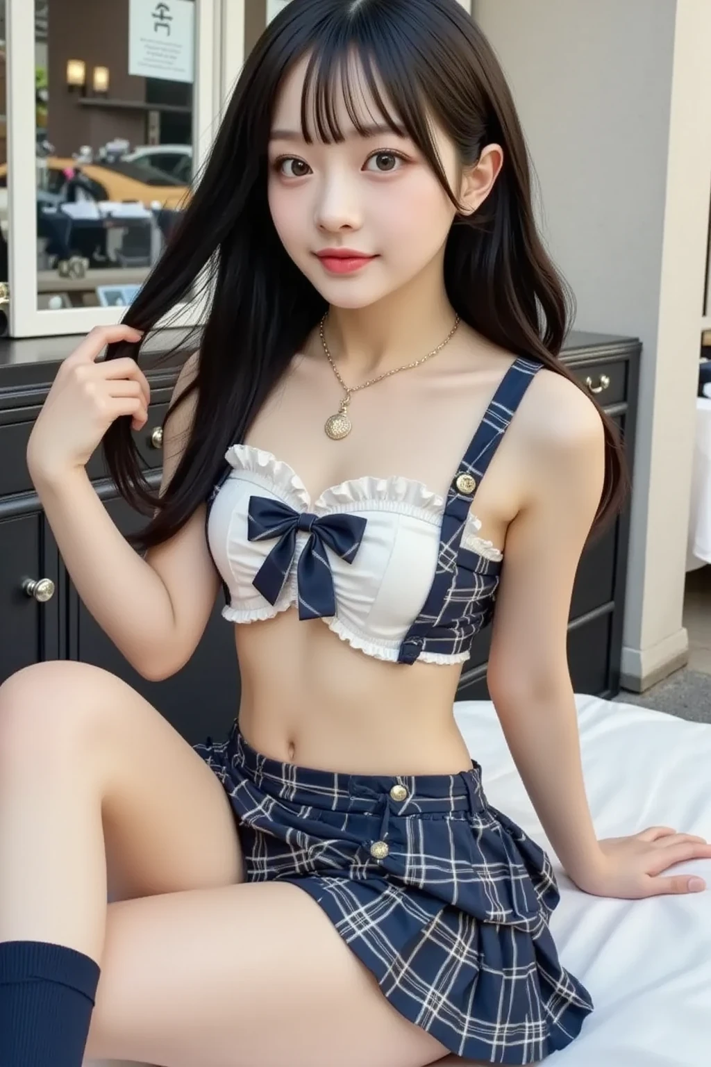High resolution、High resolution、In 8K、RAW Photosgraphy、Highest quality、masterpiece、Tabletop、erotic、student、(exterior々bra:1.2),White skin,knees, (Detailed Panty Pattern:1.2、Panty Focus、exterior々panties:1.3)、Absurd,Small face、Big Breasts、Part your bangs down the middle、The forehead is visible,(Cold look,Squint your eyes,Glare,strong,Light anger)、masterpiece,Highest quality、超High resolution,RAW Photos,One person,Dark look,Small breasts,Whole body、very nice、high school girl,Japanese women,Are standing,(Realistic:1.37),Photon Mapping,Light blue ribbon,Realistic、Cute Face,Brown eyes、Black socks、((14-year-old beautiful girl with a baby face:1.2))、(Red bow tie)、Radio City、Physics-based chiselling、prospect、Written boundary depth、Blurred Background、girl,Beautiful legs, (Tight waist:1.3), Long legs, Thin legs,Beautiful Hair,(You can see your forehead with parted bangs:1.3), Nose Soft,((exterior々Open shirt:1.3、Navy Pleated Skirt)), kneesが見える, (See-through clothing), thigh, black cotton socks,Nogizaka Idol, , Japanese Ido、Sparkling eyes、Glossy Lips、(Detailed hands:1.2、The right move:1.2、Fine Fingers)、(Correct Anatomy)、Beautifully shaped crotch