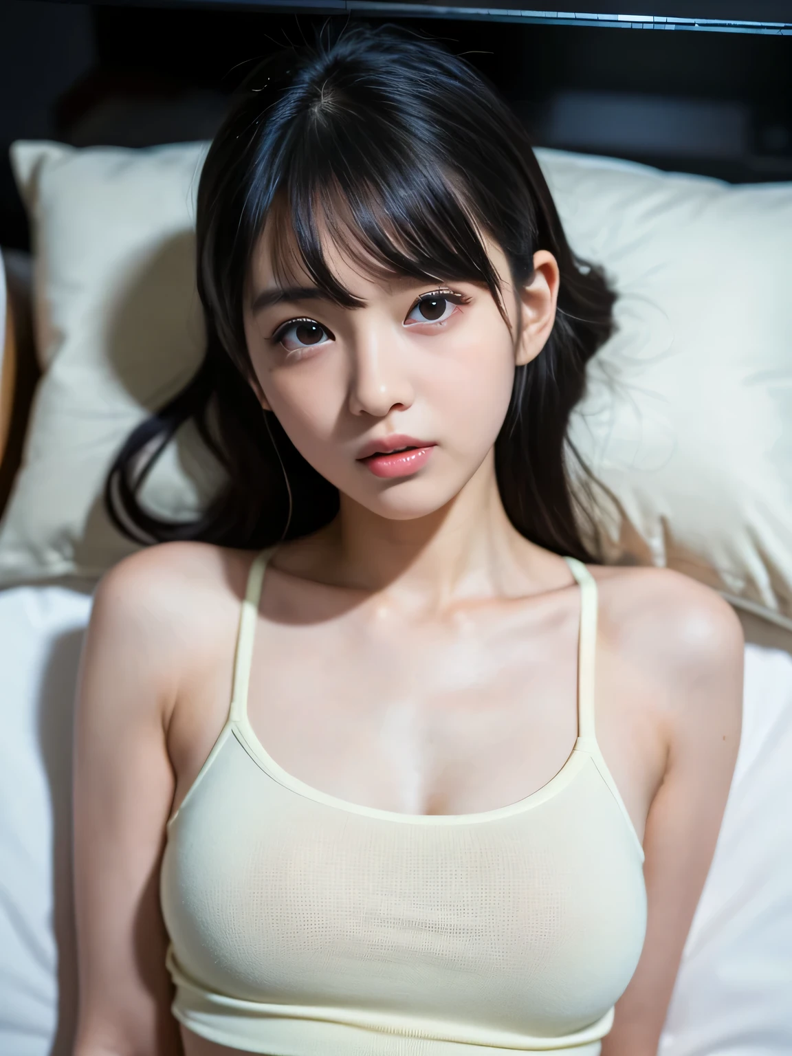 Beautiful woman looking at camera, Detailed photo of a petite person wearing a sexy maid outfit, (slim, Small, Flat:1.2), Sexy Pose, Wet body, soaked, Sexy Pose, Wet body, soaked, Kneeling, From above, slender, Delicate and sexy collarbone, On all fours, Upper horn: 1.5, Sadness look, A 40-year-old woman, A dark-haired、Medium Short、Costumes without shoulder straps, ((thick white liquid on the body)), ((Very sweaty)) ((Soaking wet body)) ((Wet thighs)), ((spreading thigh)), (thick white liquid dripping from body))),Opening legs、crotch open、Black pantyhose、on the bed、