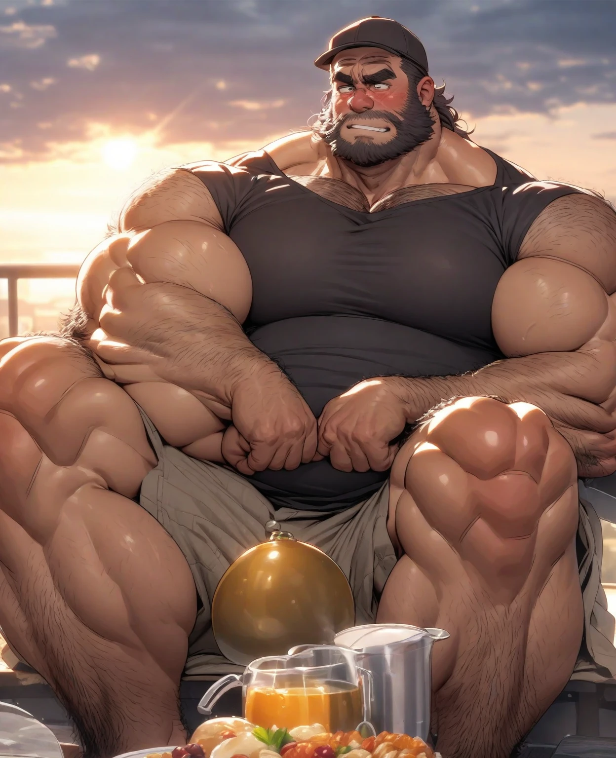  traditional market, side view, extremely huge muscular, bodybuilder, full-body, well-muscled old man, sitting, shirts. ((huge muscle size, thick arms, huge pec )).  and add details to make it attractive and interesting. Add textures and details to make the image more realistic. Make sure the resulting image is high resolution, 8K quality."