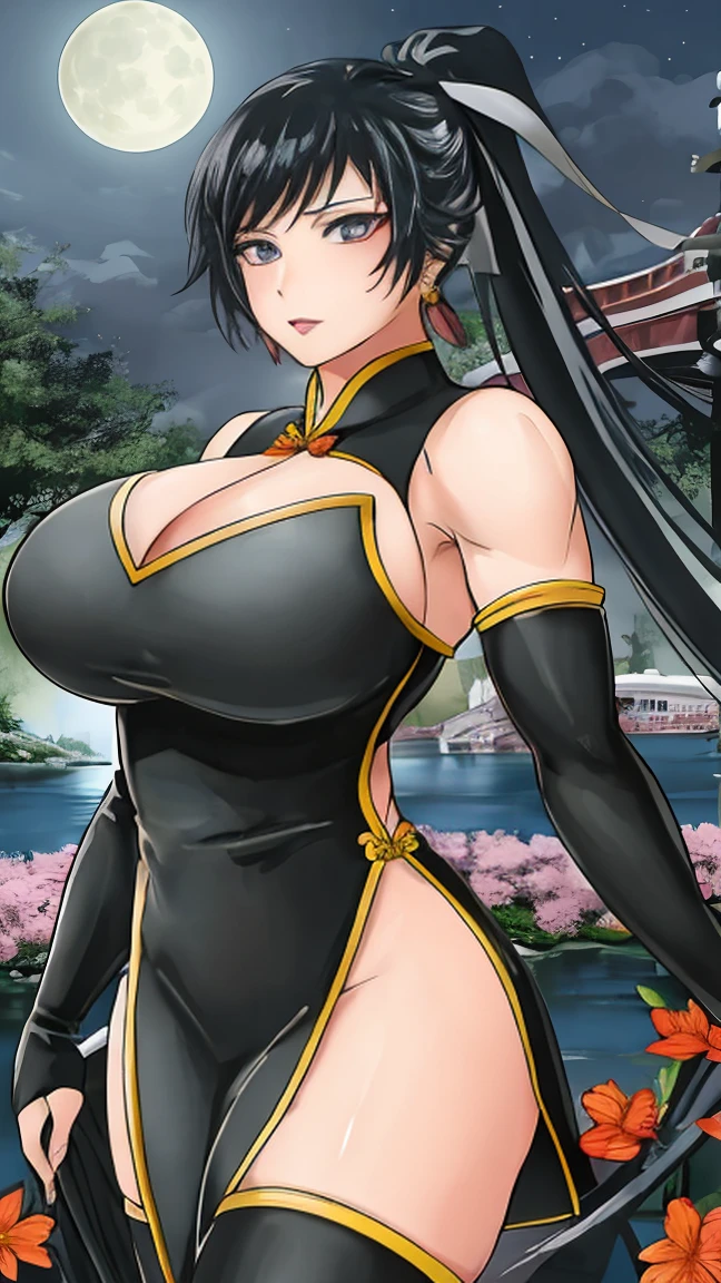 professional artwork, Intricate Details, field of view, sharp focus, detailed painting, photorealistic lighting, trending on pixiv,(masterpiece:1.0),(best_quality:1.0), ultra high res, ultra-detailed, photography, 8K, HDR, highres, absurdres:1.2, Kodak portra 400, film grain, sharp focus, bokeh:1.2, lens flare, (vibrant_color:1.2), (((indoors, dark night district))), Annerose, 1girl, female mature, black hair, long hair, (yellow eyes), large breasts, swimsuit, higheels, skin tight, hair intakes, (solo:1.4), (upper body, half body shot, covered breasts, side boobs), cheerful smile,