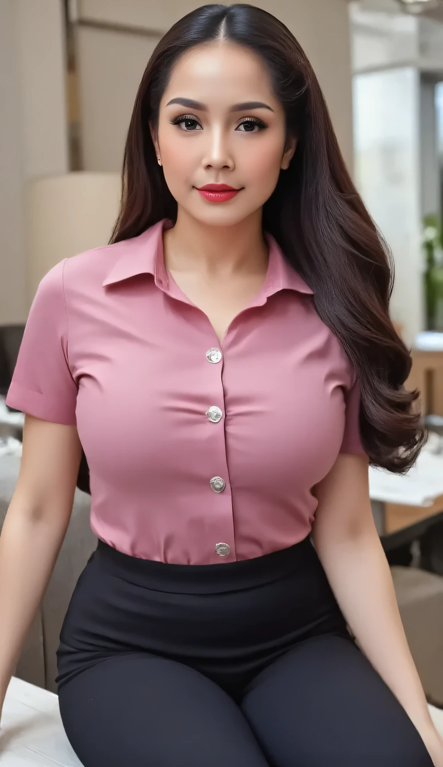 a beautiful woman, duduk di kantor, body looking camera, using pink satin material formal shirt, long leggings black, Perfect body with big boobs, lipstik merah, long black hair
