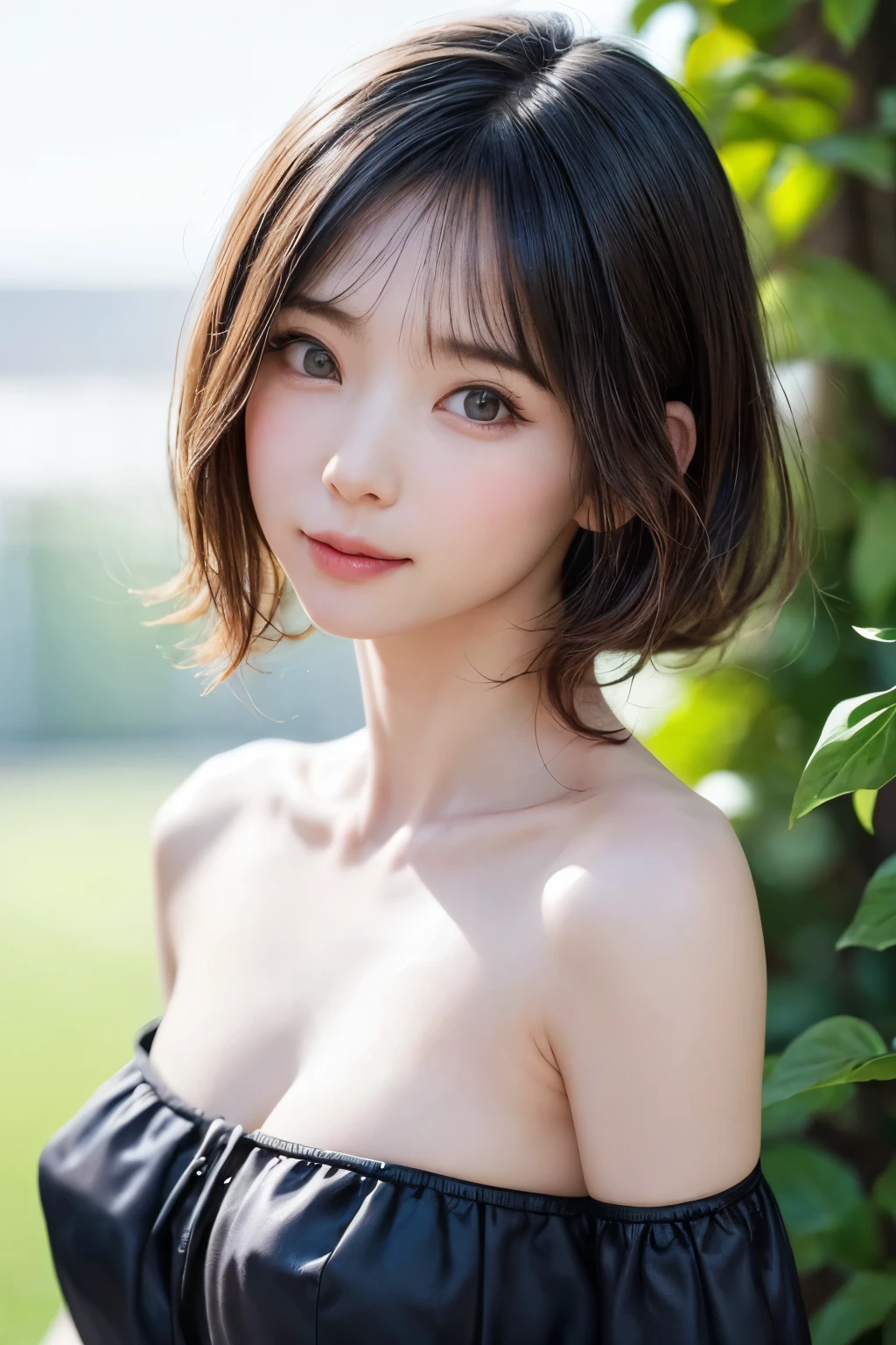 (top-quality、8K、​masterpiece)、(The best illustrations)、extremely delicate and beautiful、Unity、Amazingly fine detail、超A high resolution、extra detailed face、Superbly detailed eyes、(Best Shadows:1.1)、(photo realistic1.3)、Realistic facial proportions、a handsome female、独奏、(Large breasts:1.3)、(Deep cleavage)、Slimed、smiling at the viewer、(Wearing a green hakama)、(makeups:0.4)、dark brown hair、a short bob、(irregular skin imperfections、vein、Wrinkled pores on the skin:1.1)、(bokeh dof:1.4)、cowboy  shot、Sunnyday