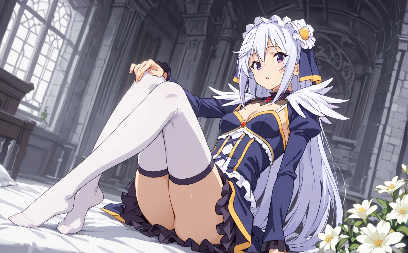 Anime background art, bottom of room, one bed, lying on a bed, beautiful anime scenes, 4K anime art wallpaper, 4k anime art wallpaper, Rosla global illumination, anime girl, 1 girl, LORA similar, best quality, detailed, alone, looking at the viewer, mouth closed, smile, hairstyle with two pigtails, hair accessory, definition in the eye, perfect face, lying on a bed, perfect face, perfect hair, white hair, red eyes, showing her vagina, perfect vagina, open legs, open vagina, view vagina, naked vagina, a lot of pubic hair, colored pubic hair, white pubic hair, colored pubic hair, white pubic hair, more black pubic hair, perfect anus, perfect eyes, perfect red eyes, see vagina, white short stockings, stockings on both legs, white lingeri, naked vagina, bare vagina, view of the pubic hairs, very hairy pussy