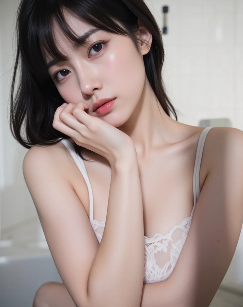 Arafe woman wearing pastel purple sexy lingerie and knee-high socks, Lying forward on the couch, tanned brown skin, Wheat-toned skin, (Dial-up phones and a few magazines are scattered around:1.4), Asian Girl, Japanese Models, on a couch, sexy look at the camera, instagram model, cute  face, goddess of Japan,Tanned lines, medium breasts⁩, Bangs, long, Black, Black, Eyes, Crystal Pendant,High resolution skin (Solo: 1.1), Perfect face, (Cinematic lighting: 1.2 ), beautifully detailed eyes, Highly detailed face,Oily skin, extremely beautiful lady, face perfect, ( Beautiful composition) (((perfect anatomia:1.1))) 4K, Rembrandt lighting, the golden ratio, hight resolution, (Photorealsitic), Hyper-Realism, Cinematic, Ultimate Pink Pig, tanline, Sunburn,