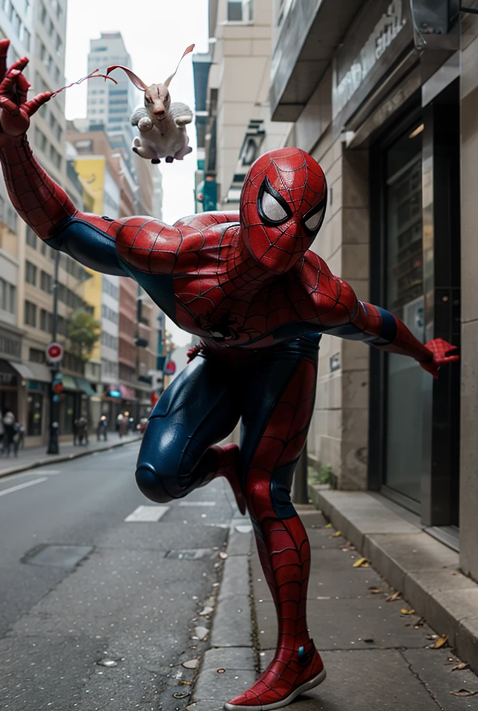 masterpiece, best quality, Spiderman, full tiny Spiderman suit, city background, (muscular:1.35), (full_body and full_leg), (male_focus), hi-tech version, SPAWN mask, Venom, Miles giant version is walking in the buildings, super huge size of spiderman,