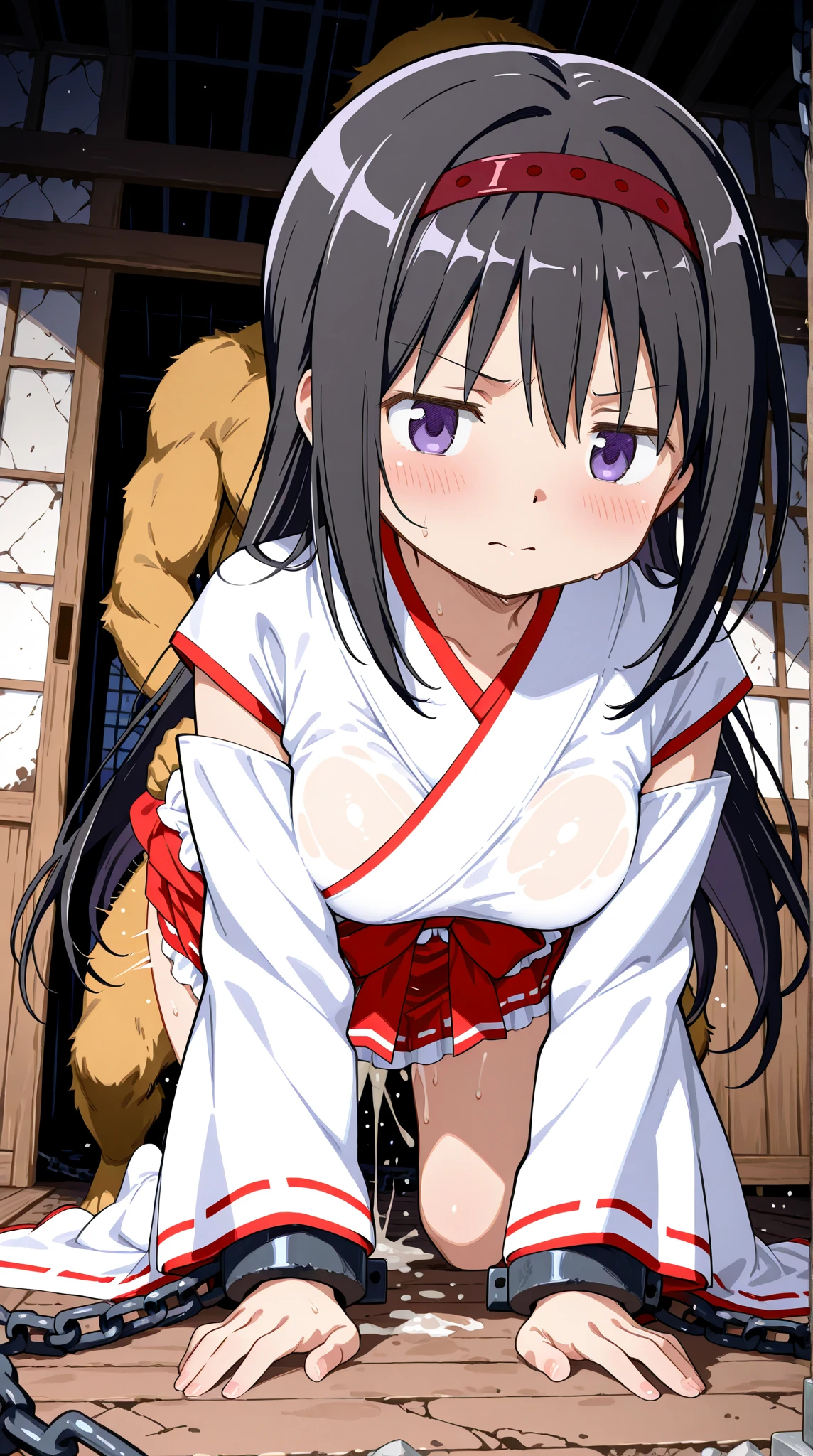 One Girl、Human Girl、Black Hair、Long Hair、kimono、白いkimono、Scarlet Hakama、破れたkimono、bestiality、On all fours、Animal dog、Golden Retriever、Lots of dogs、Huge dog cock、Huge dog penis、Lots of dogsとセックス、Sex with a giant dog、2-hole penetration、Intense sex、A penis as big as your arm、A dick as big as your arm、(Huge penis:1.6)、It's in the girl's pussy、The girl's belly is swollen with cock、A lot of semen、Girl's Ahegao Face、Outdoor、(doghouse)、Seen by the masses