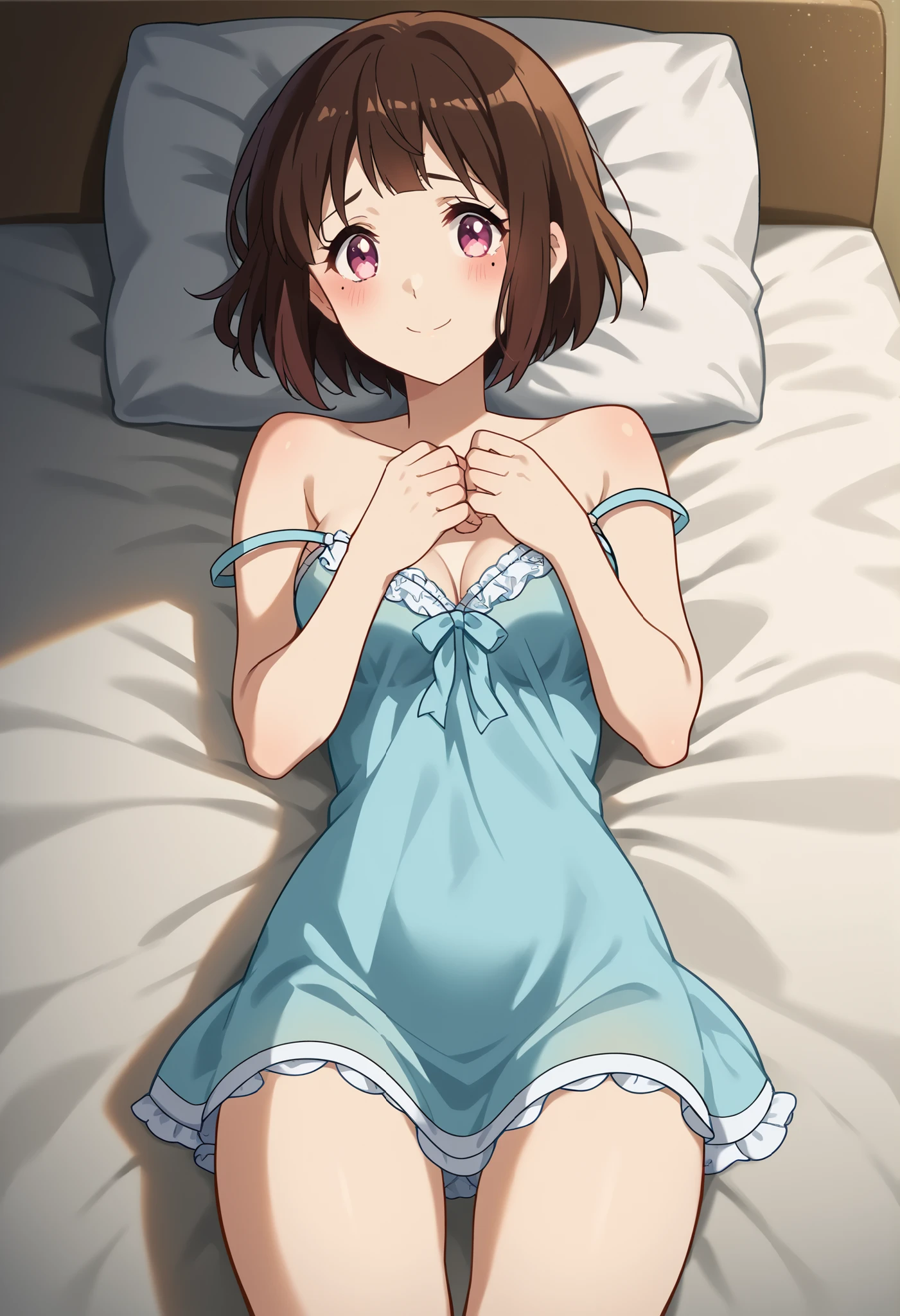 score_9, score_8_up , score_7_up , Source_Anime, Katorina 々Seko , shorthair, Bang, brown hair, pink eyes, Mole, Mole under eye, medium breasts, chemise in her cozy room, strap slip, transparent, bare skin shoulders, color bone, thighs, bedroom, LOVE HOTEL, lying on his back, on the bed, (blush), (Shy), ( fascinated), cowboy shot ,,Light blue underwear、Big Smiles、Accurate Fingers数量、spread your legs、Accurate Fingers, (perfect hands, Perfect Anatomy),smile at me、spread your legs、Accurate Fingers, (perfect hands, Perfect Anatomy),