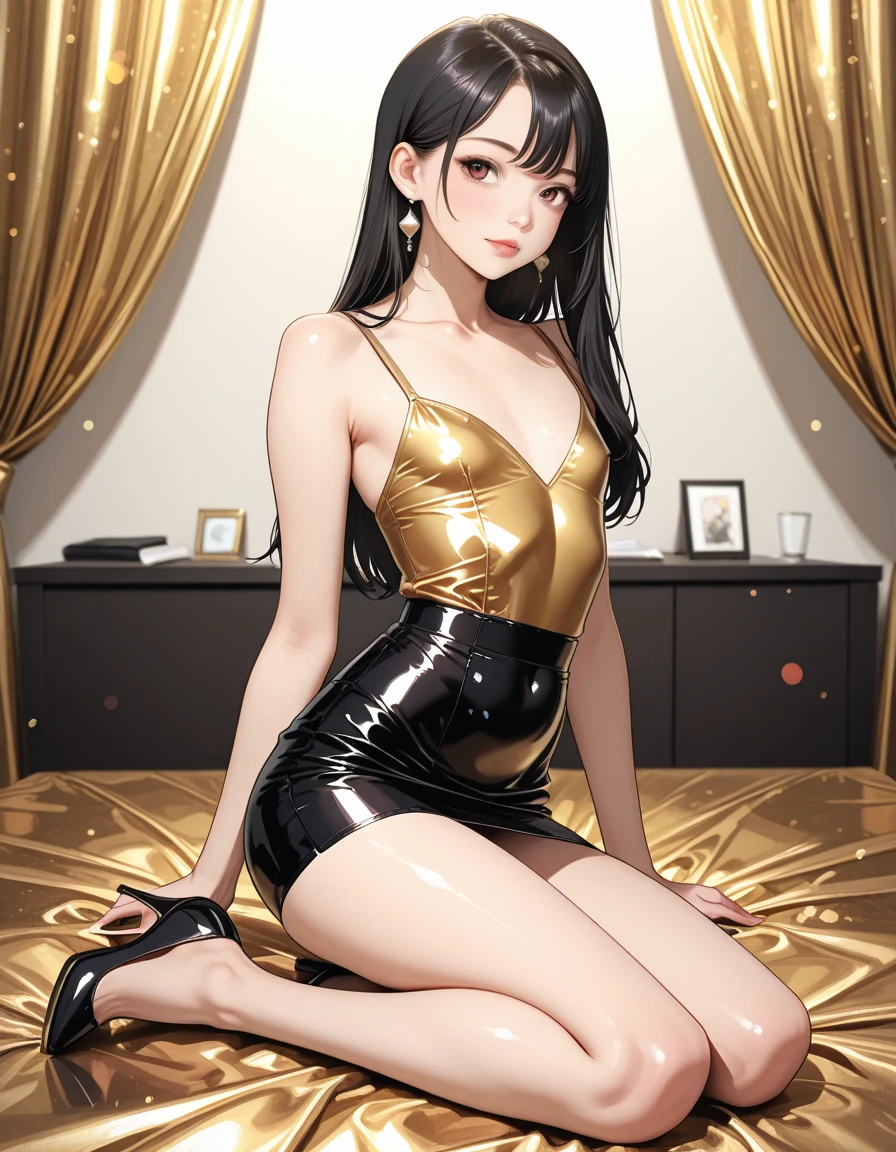 (((Yor Briar))), long black hair, red eyes, ulzzang, gold headband, realistic depiction, elegant appearance, pale and shiny skin, full lips with lip gloss, red and gold monochromatic color scheme, soft lighting, cleavage, huge tits, gold bodysuit, thigh highs, casual, ((arms behind back)), sexy, blushing, sitting, legs open,